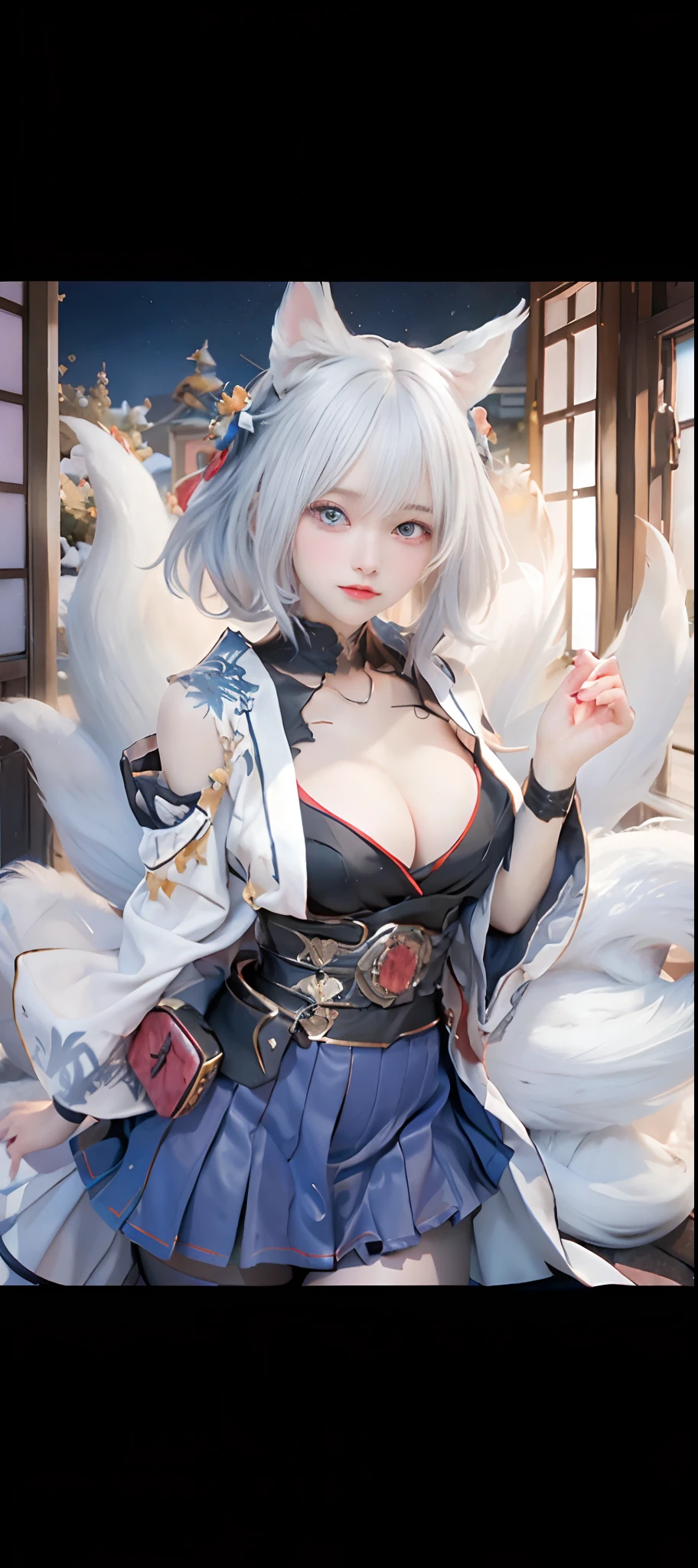 ((best qualtiy)), ((tmasterpiece)), (detail:1.4), Beautiful cyberpunk Japan woman image,sixteen years old,(Photograph the whole body),nffsw(HighDynamicRange),Ray traching,NVIDIA RTX,Hyper-Resolution,illusory 5,Sub-surface scattering,PBR Textures,post processed,Anisotropy Filtering,depth of fields,maximum definition and sharpness,multi-layer texture,Albedo e mapas Speculares,Surface Coloring,Mitsu-Accurate simulation of material interactions,Perfectly proportioned,rendering by octane,Two-colored light,Large aperture,Low ISO,White Balance,Rule three points、8K raw data、Beautiful bright red pupils,Off-the-shoulder clothing,Fine pupils,Sky blue gradient on pure white hair,Delicate face and eyes,with round face, drooing eyes, long eyelasher,Blushlush,Delicate and fluffy hair,lip,pure,Cute face,Sweet girl,Artistic sense,Casual wear,Advanced Sense,Snowflake,flower petals,Snowflake, Briar snow background, Beautiful Hair Accessories,long hair and waist,Hair fluttering in the wind,Snow White cat ears, Curly