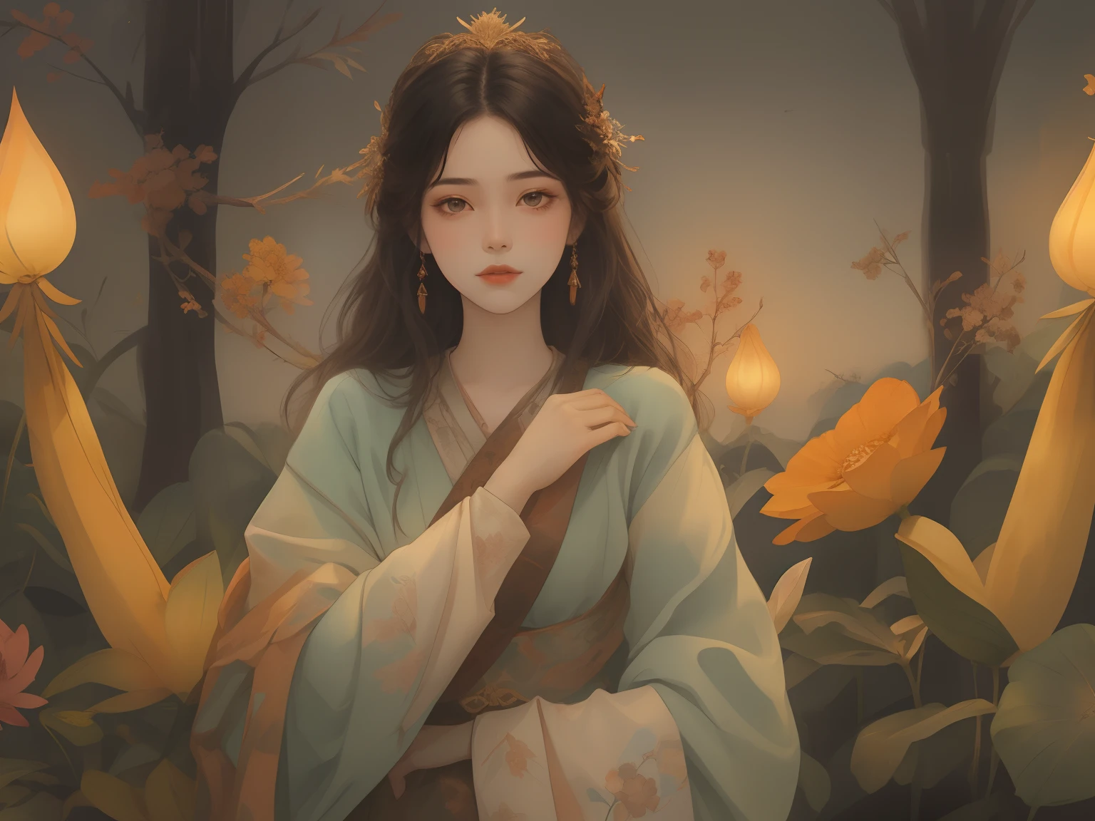 1 flat-chested girl,Close-up of upper body portrait,Thin figure,Black color hair,floated hair,Hazy beauty,Extremely beautiful facial features,Light green embroidered tulle dress,with a hairpin on her head,Lying among the moon-white flowers,Surrounded by flowers,Perfect anatomy,(Skinny figure,flatchest),White flowers,(springtime, Rainy days, terraced, mountain ranges), Simple vector art, Contemporary Chinese art, the soft light,Overlooking