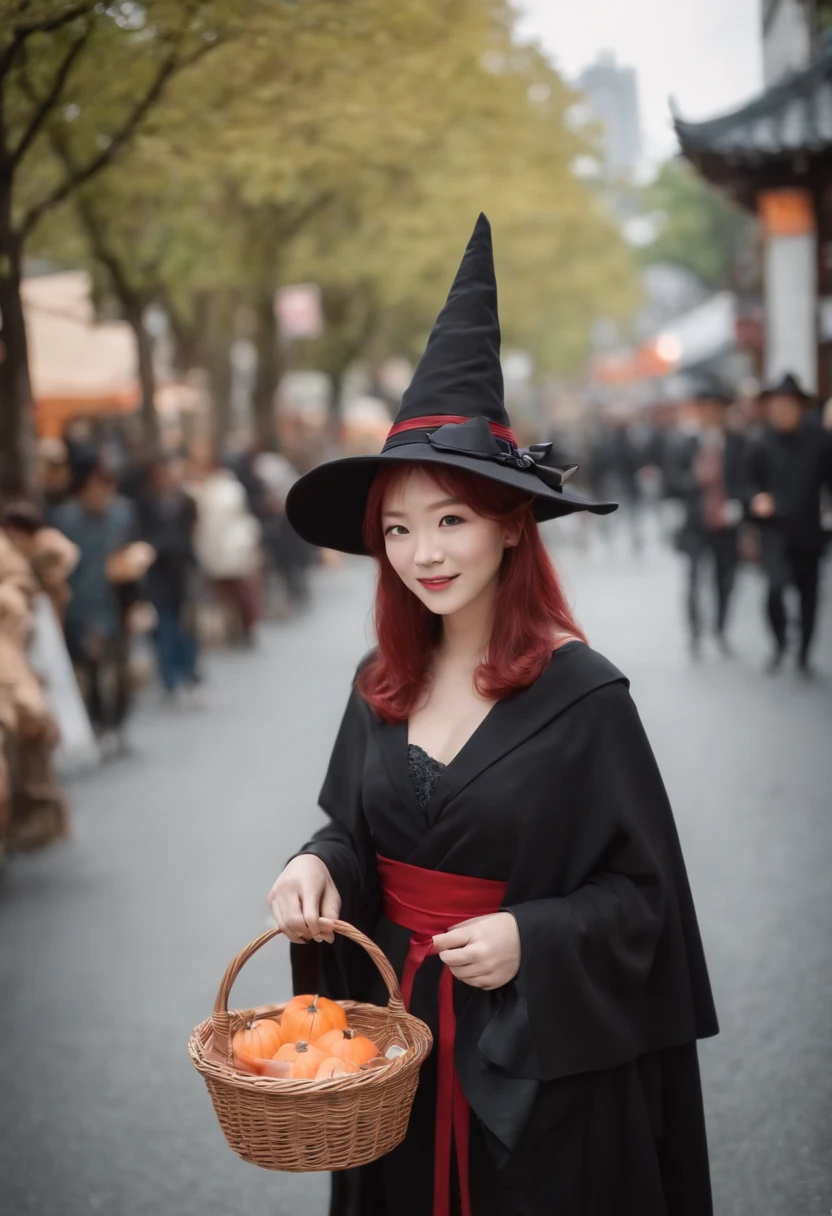 woman with red hair、japanes、happy smail、Halloween Witch Cosplay、Street snap of Shibuya in Japan、Black cloak、Have a basket、Pointy hat