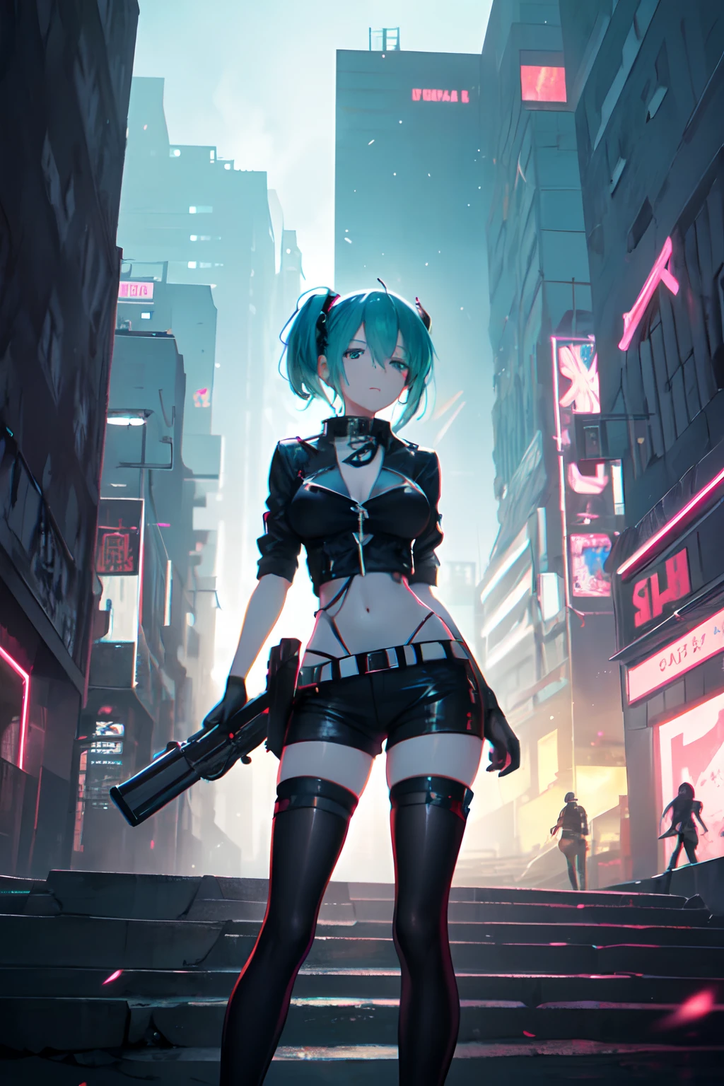 short shorts, (bodysuit), (detached sleeves), pouch, (white hair), (asymmetric hair), (short hair), (multicolor hair), (beautiful detailed hair) ,(hair blowing), red eyeliners, beautiful female, beautiful eyes, detailed beautiful shiny skin, cute, perfect skin, shiny skin, 20 years old , (small breasts), (outdoor), sharp face, (midriff:1.2), (depressing), sweat, wet, neon, cyberpunk, science fiction,(fighting stance), (golden wires), (narrow waist:1.4), looking at viewer,,(mechanical parts),raining realistic: 0.6, photorealistic: 0.6, (best quality), (highres), photoshoot, (deep depth of field), (4k uhd), physically-based rendering, soft lights, cinemetic lights, (manga:1.1), (various clutter and mess in background:1.1), (light particles), (lush detailed),(stunning), (dynamic perspective shot, medium shot), (sharp focus) , colorful light, night,from below, gloom (expression) depressed. wet naked, cameltoe, harem, topless. half naked, cleavage, mature, muscular