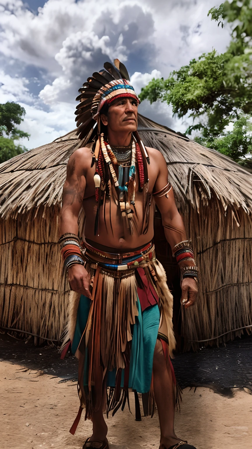 Arafed man in native costume standing in front of a hut, indigenous man, Um guerreiro nativo americano, Guerreiro nativo americano, roupas tribais, Indian warrior, Nativo americano, tribo antiga, Guerreiro habilidoso do Apache, ayahuasca shaman, guerreiro azteca, armadura tribal, : native american shamen fantasy, Indigenous, xamanismo, Guerreiro asteca