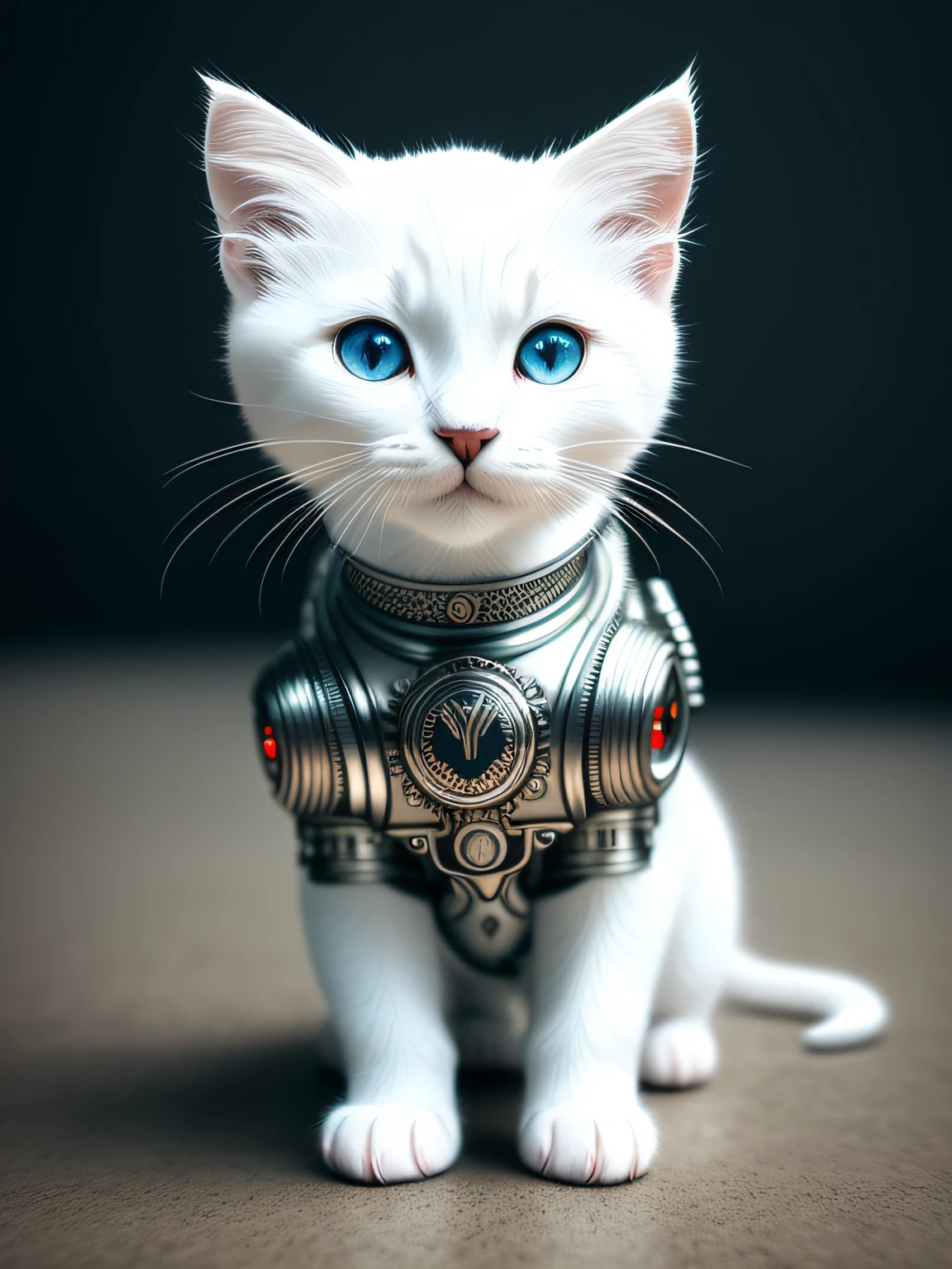 a cute white kitten made out of metal, (cyborg:1.1), ([tail | detailed wire]:1.3), (intricate details), hdr, (intricate details, hyperdetailed:1.2), cinematic shot, vignette, centered