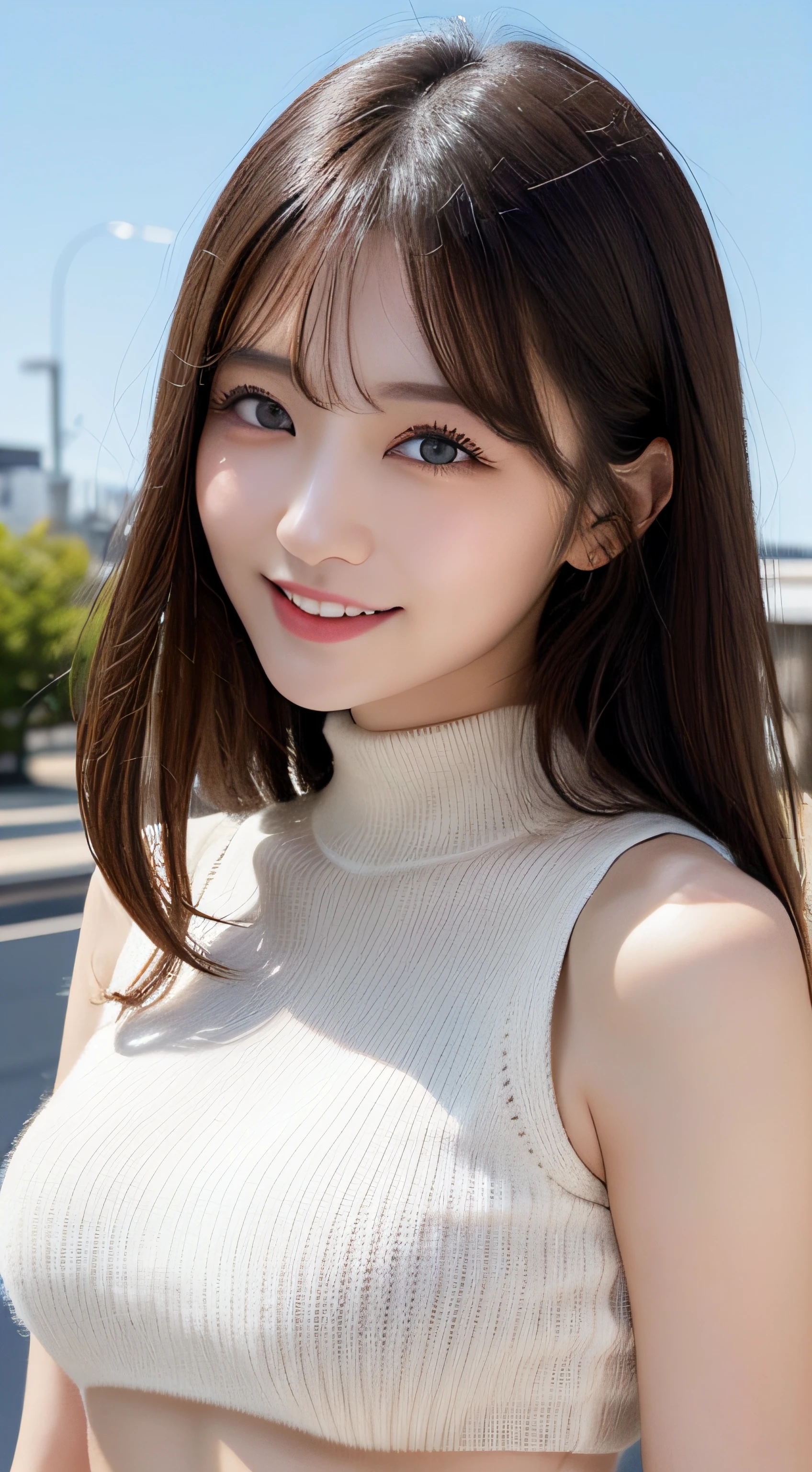 masutepiece, Best Quality, Photorealsitic, finely detail, hight resolution, 8K Wallpapers, Perfect dynamic composition, Beautiful detailed eyes, Medium Hair, large full breasts, Random and sexy poses,Bring your chest together、(Mock neck crop tank top white knitwear with wide open chest)、(Breast bulge 1.2)、A smile、open open mouth、Resort scenery、23years old、(Drooping eyes 1.4)、Adult beauty、japanes