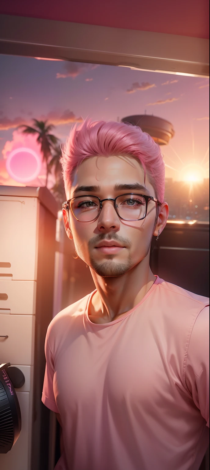 Ultra Realistic, handsome, pink sunset background, make the photo as same as original.make my face like V(BTS)