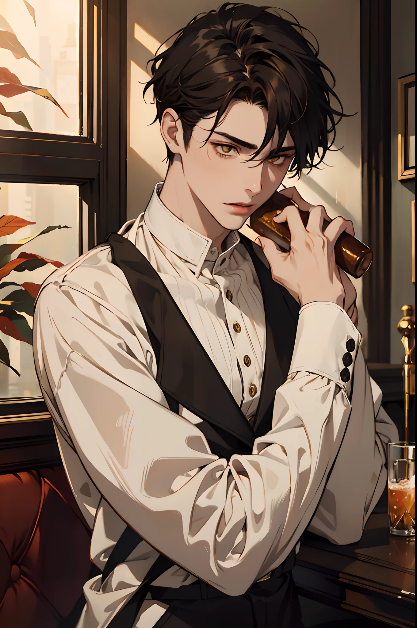 (1 person)((mtu :1.2))((Mysterious man)),(Sit on a red leather sofa),Sven style,A man like Yang Jian,Perfect geometry,(((Hair combed back,The hair on both sides is combed back,damp hair,extremely short hair))),((The best ratio of four fingers to one thumb)),(With a glass of red wine),((white shirt)),Black eyes,fantasy,Dark fantasy,Perfect hand,fantasy,romatic,Kravyod,(Architecture of the Baroque period),In the classic bar,Best light and shadow。