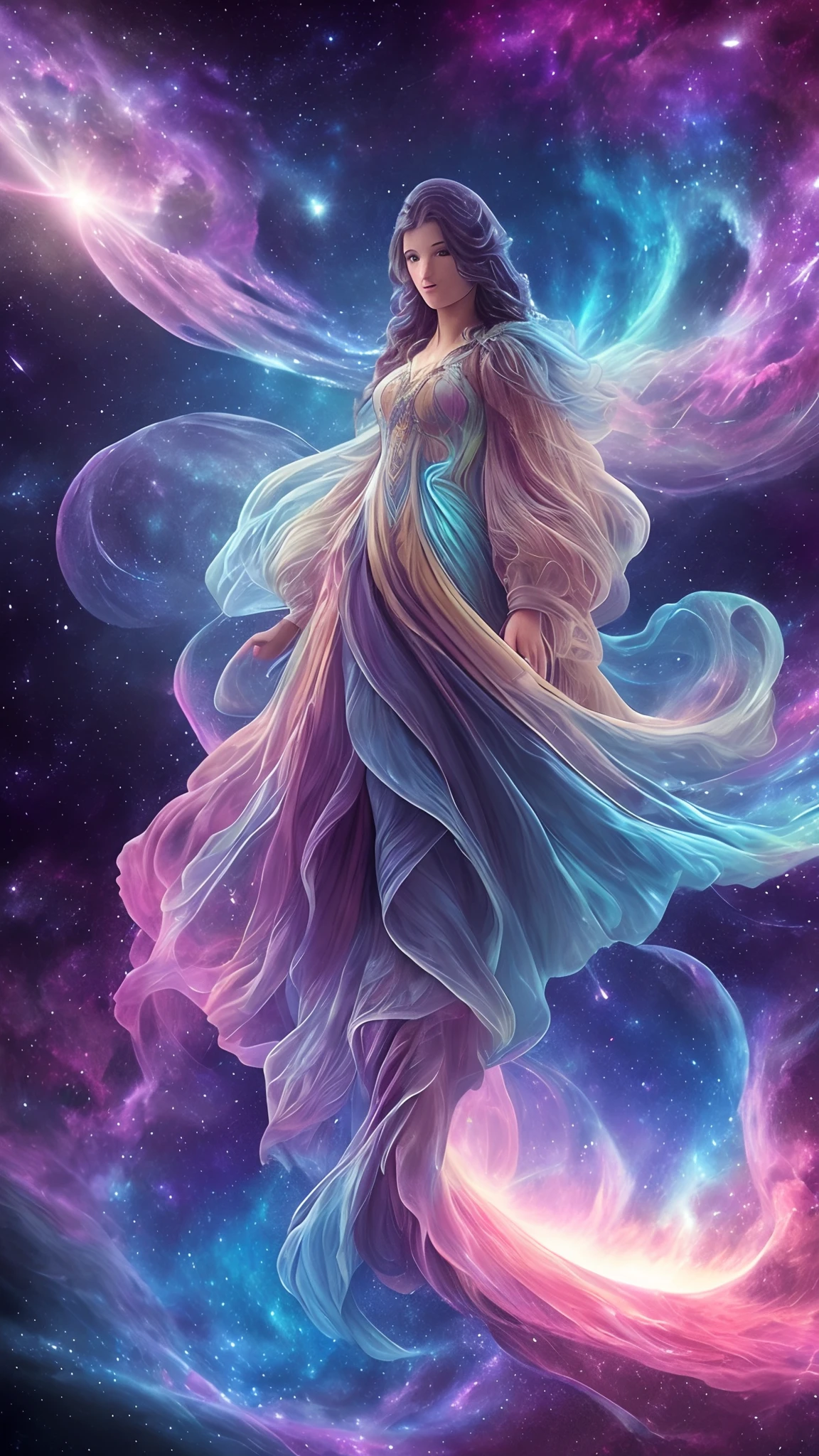 The scene of the appearance of a figure from an unimaginably spectacular glowing cloud、Fractal Nebula Thread、cosmic entity、Um ser celestial、kosmos、Vibrant and vivid、whirlpool、Revolutions、unreal、highly contrast、symbiosis、magia、mystical、mystical、surrealistic、Hypersaturated、colourfull　Deities