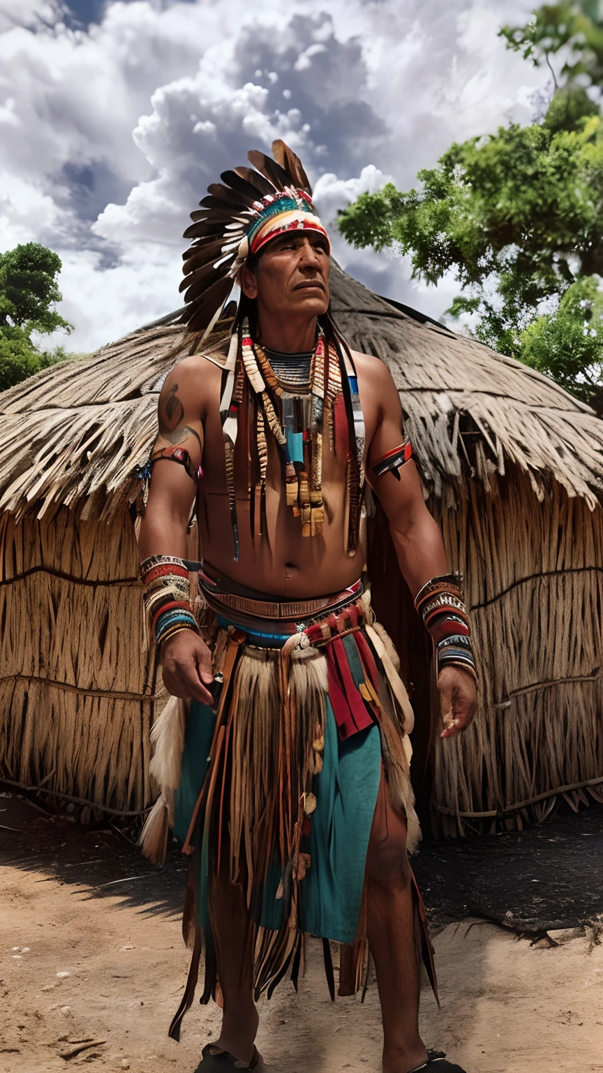 Arafed man in native costume standing in front of a hut, indigenous man, Um guerreiro nativo americano, Guerreiro nativo americano, roupas tribais, Indian warrior, Nativo americano, tribo antiga, Guerreiro habilidoso do Apache, ayahuasca shaman, guerreiro azteca, armadura tribal, : native american shamen fantasy, Indigenous, xamanismo, Guerreiro asteca