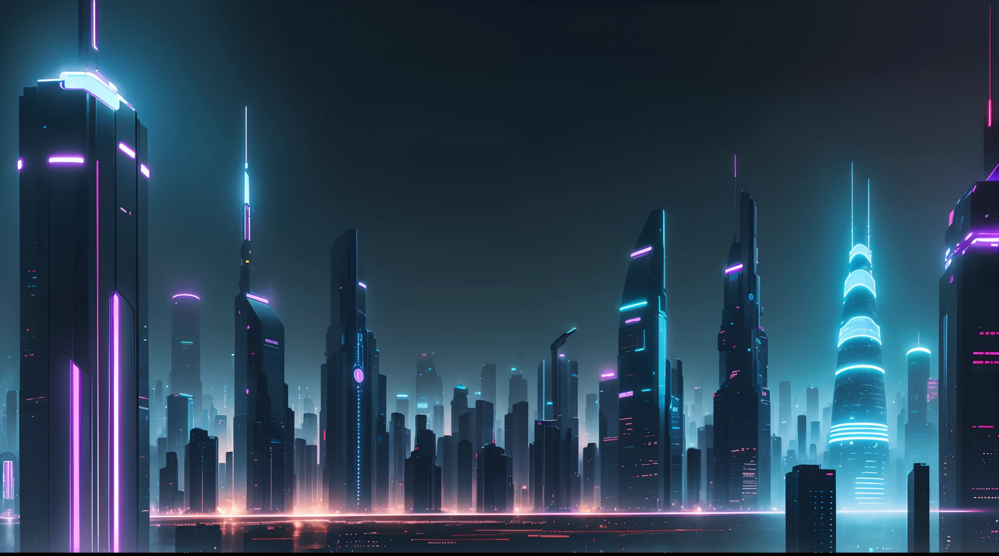 A neon-lit cityscape with futuristic buildings and a dark atmosphere