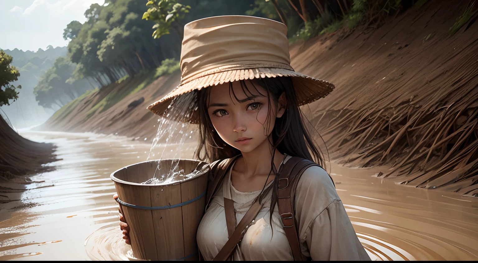 Images of people with buckets of water on their heads on a mud road