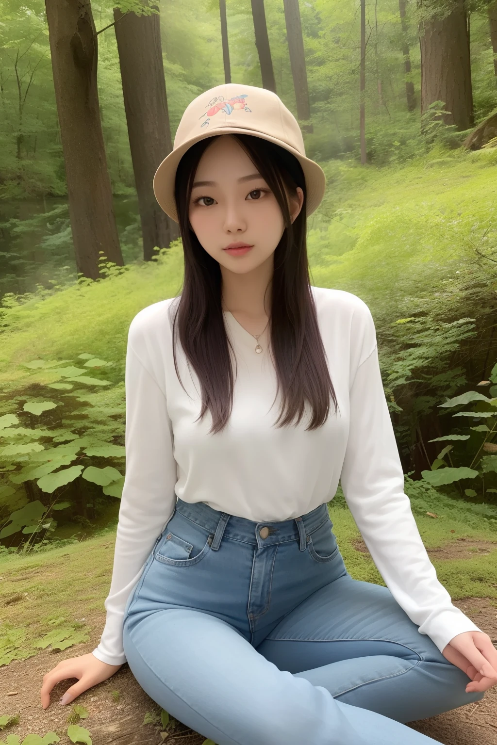 Asian woman sitting in the middle of the woods，Wearing a hat and blue skinny jeans, Open V chest clothes, Gorgeous young Korean woman, Beautiful Asian girl, Sexy girl, beautiful Korean women, young and cute girl, Korean girl, Good young girl, Beautiful young Korean woman, Asian girl, smooth white tight clothes suit, 2 4 year old female model, Attractive girl