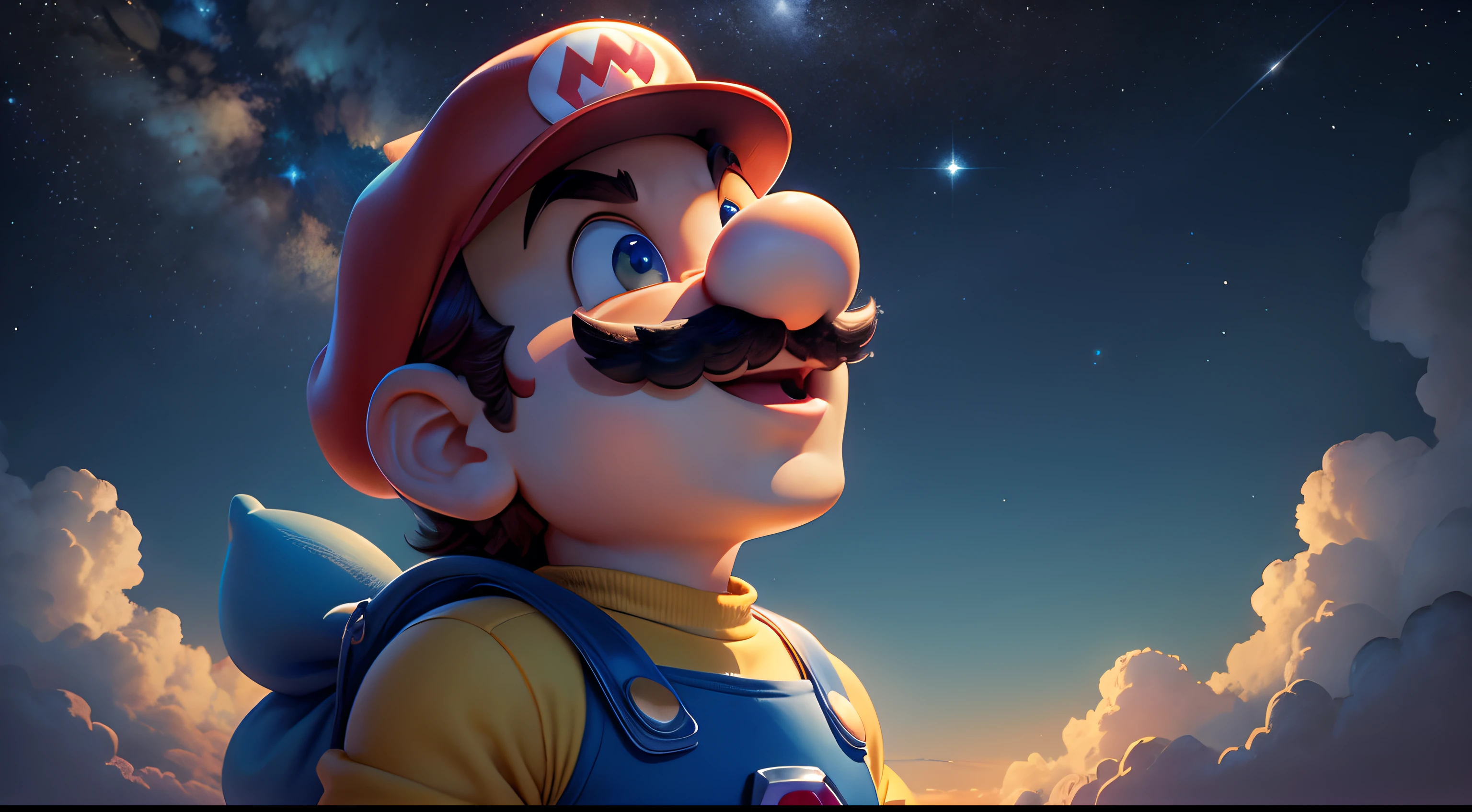 Super Mario looking up at the starry midnight sky, Estilo Lofi, fechar para cima, Ultra Detalhado, 8k
