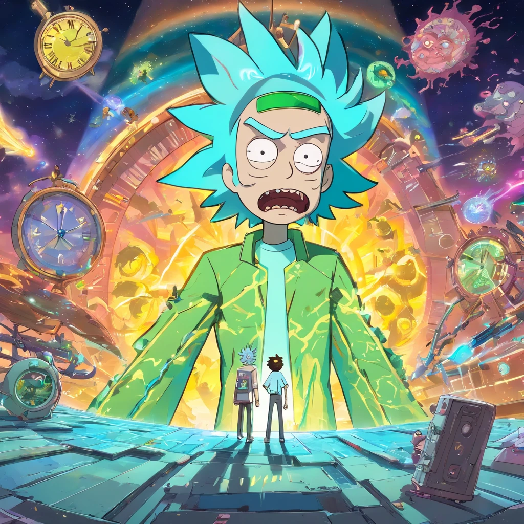 title: "Chronological chaos"
Sinopse: In the episode "Chronological chaos" de Rick and Morty, a crazy new invention by Rick accidentally messes up the entire time continuum, leading to a chaotic collision of different timelines. The narrative begins when Rick, em uma tentativa de aprimorar seu controle sobre as viagens no tempo, cria um "Cronomix Watch" which promises to synchronize all temporal dimensions in a single line.
No entanto, something goes wrong during an experiment and the Cronomix Clock explodes, creating a time wave that distorts and mixes countless versions of Rick and Morty from various realities. A partir desse momento, different incarnations of Rick and Morty begin to appear in the main timeline, com personalidades e objetivos completamente diversos.
A medida que a trama se desenrola, os Ricks e Mortys de diferentes realidades se encontram e interagem, creating situations both hilarious and tense. Some band together to try to fix the damage done by the Cronomix Clock, while others have agendas of their own, including conquering the multiverse or simply enjoying the confusion.
A linha entre aliados e inimigos se torna turva, since the characters have to face their alternate versions and deal with ethical and moral dilemmas involving the manipulation of time. The action unfolds in chaotic and surreal settings, where reality is constantly reshaping itself as different timelines collide.
Enquanto Rick e Morty lutam para restaurar a ordem temporal, They find themselves confronting not only the consequences of their own actions, but also exploring the complexity of the choices made in multiple realities. The episode addresses deep questions about free will, Identity and the implications of controlling time.
At the climax of the episode, Rick and Morty must find a way to reverse the damage done by the Cronomix Clock and separate the intertwined timelines. No entanto, They learn a valuable lesson