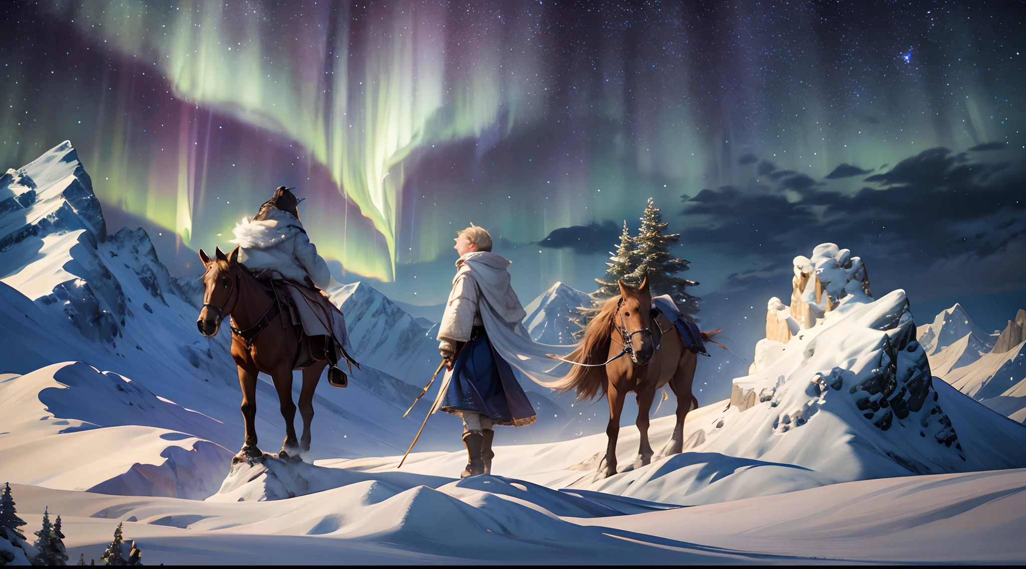 Nighttime, the full moon and bright stars fill the sky, Rocky Mountains thrust upwards, snow, the aurora drops curtains of opalescent light over the landscape, nomads, epic composition, realistic lighting, high-definition detail, masterpiece, best quality, (very detailed CG unified 8k wallpaper), (best quality)
