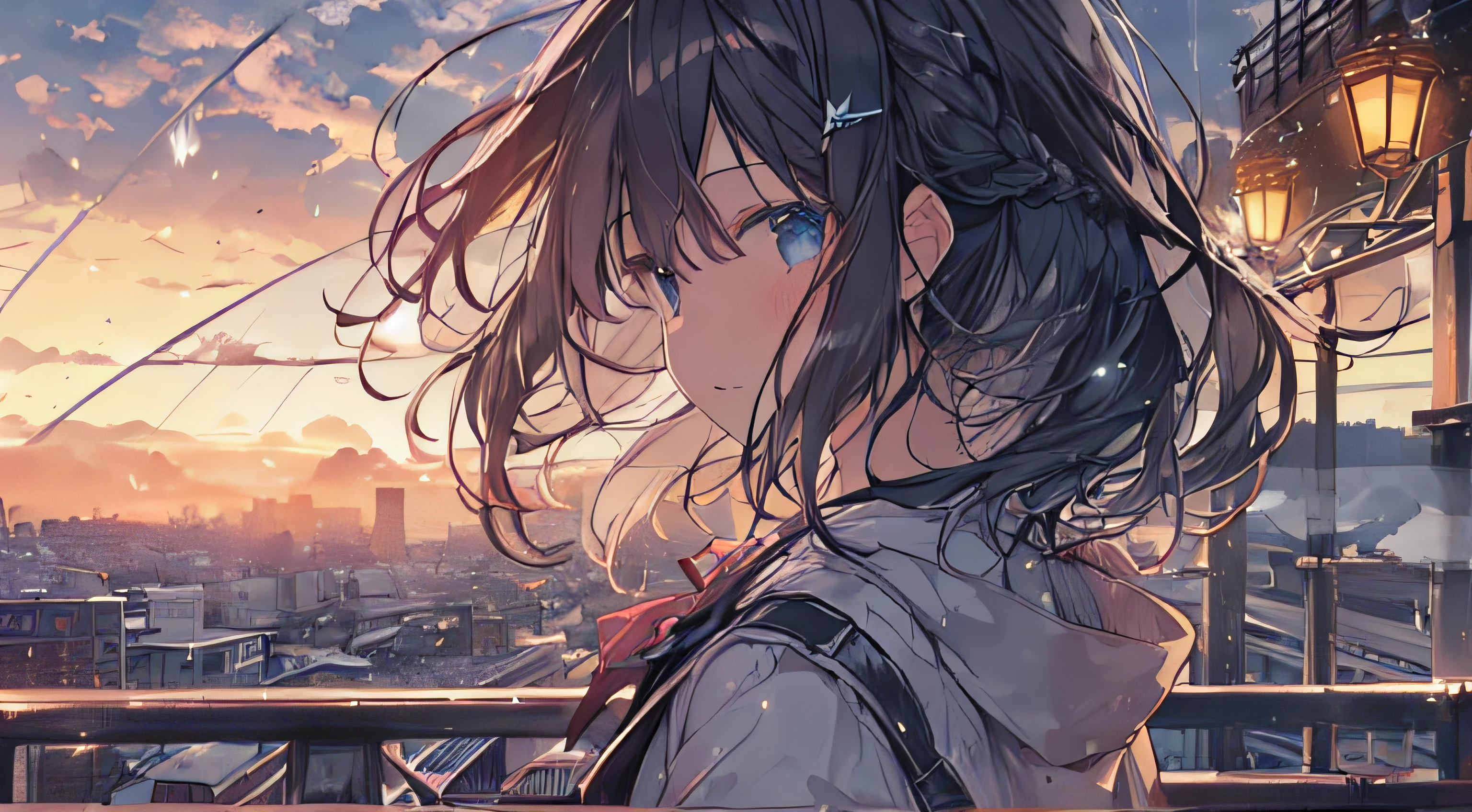 masutepiece, Best Quality,Illustration, Wallpaper, Ultra Detail, absurderes, 1girl in, Solo, (Medium short hair、short braided hair), Beautiful detailed eyes, after rain , (Street:1.3), Sunset sky after rain、Hair that flutters in the wind,(a panoramic view:1.3),(Sense of depth:1.5),(longshot:1.3)、early evening、(Sunset sky)