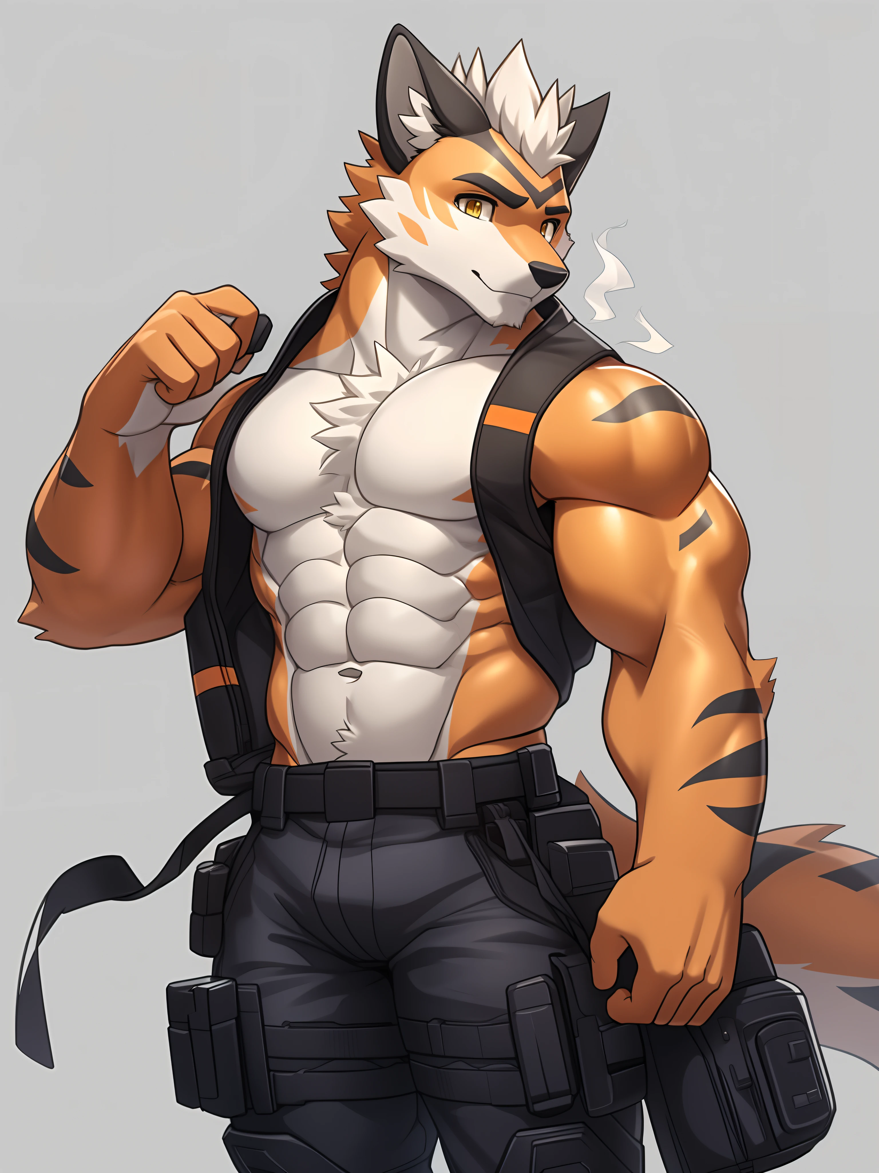 Bara furry, anthropomorphic Savanah Cat, cream colored fur, dark brown spots, athletic physique, wearing unzipped jacket, shirtless, 