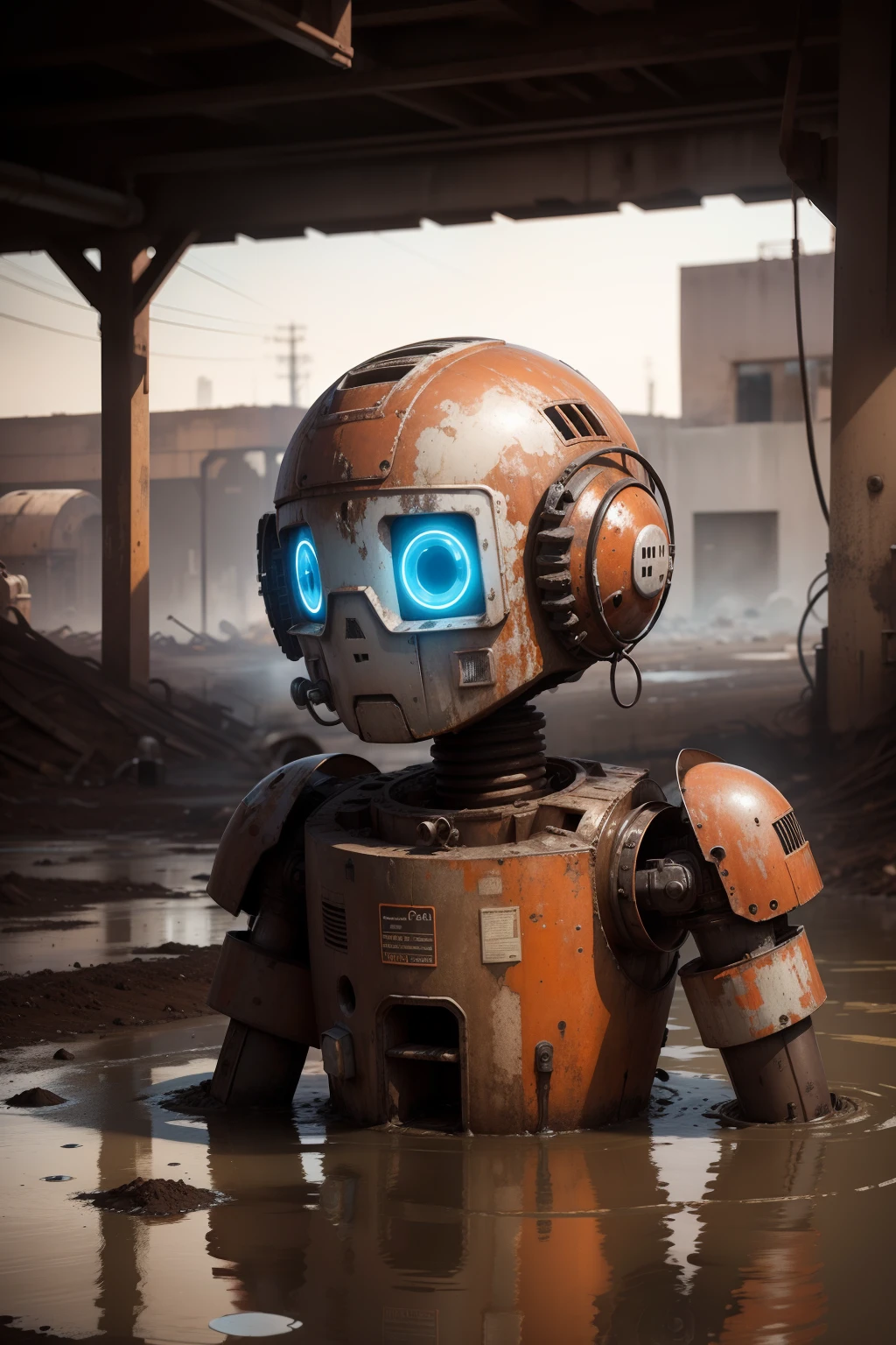 Portrait photo of a sad lamenting robot made of plastic pipes, dirt water, oil, maintenance, in an old rusty factory