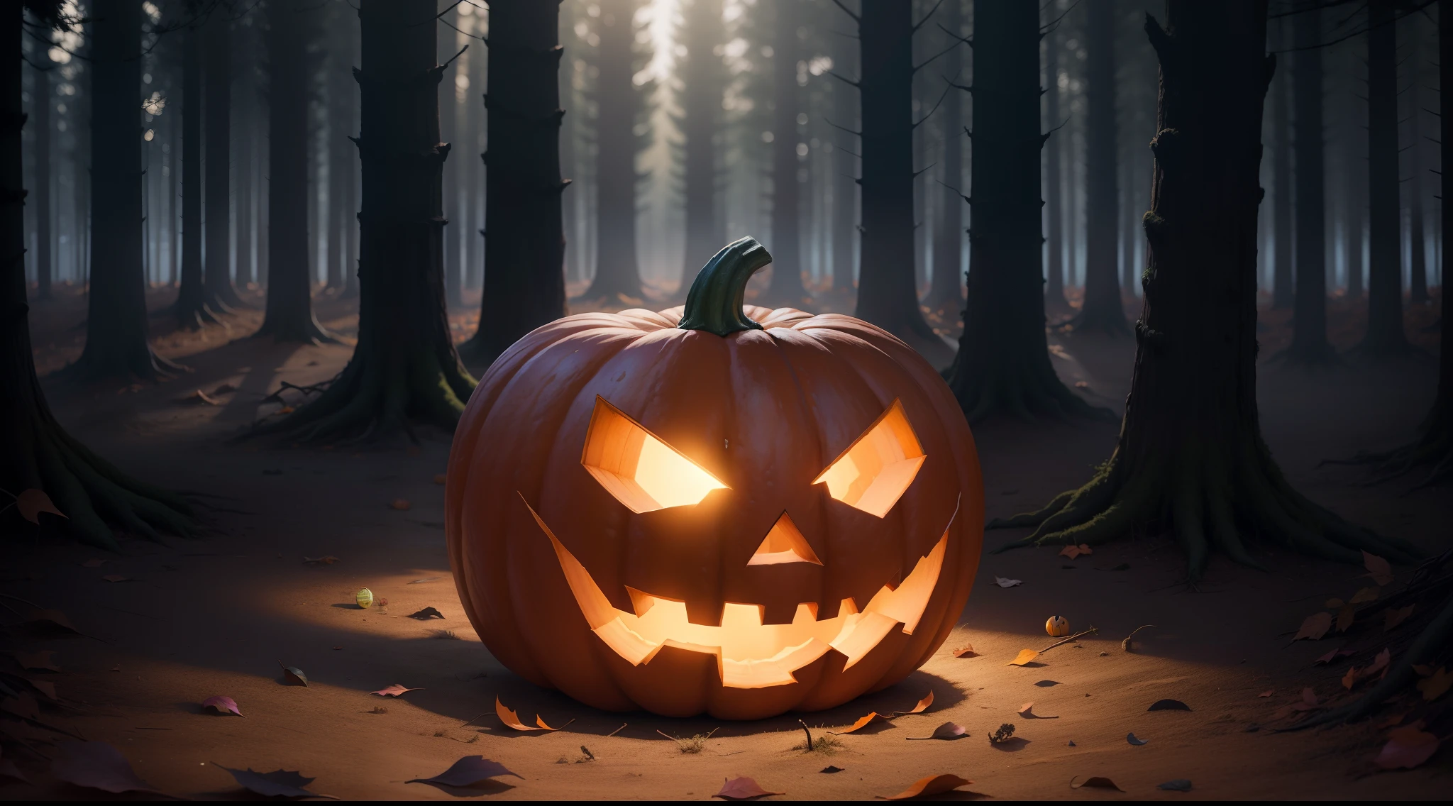 --AR 3:2 --q 2 --v 5.1 hyper realistic halloween pumpkin in the middle of the spooky forest in 2 shades