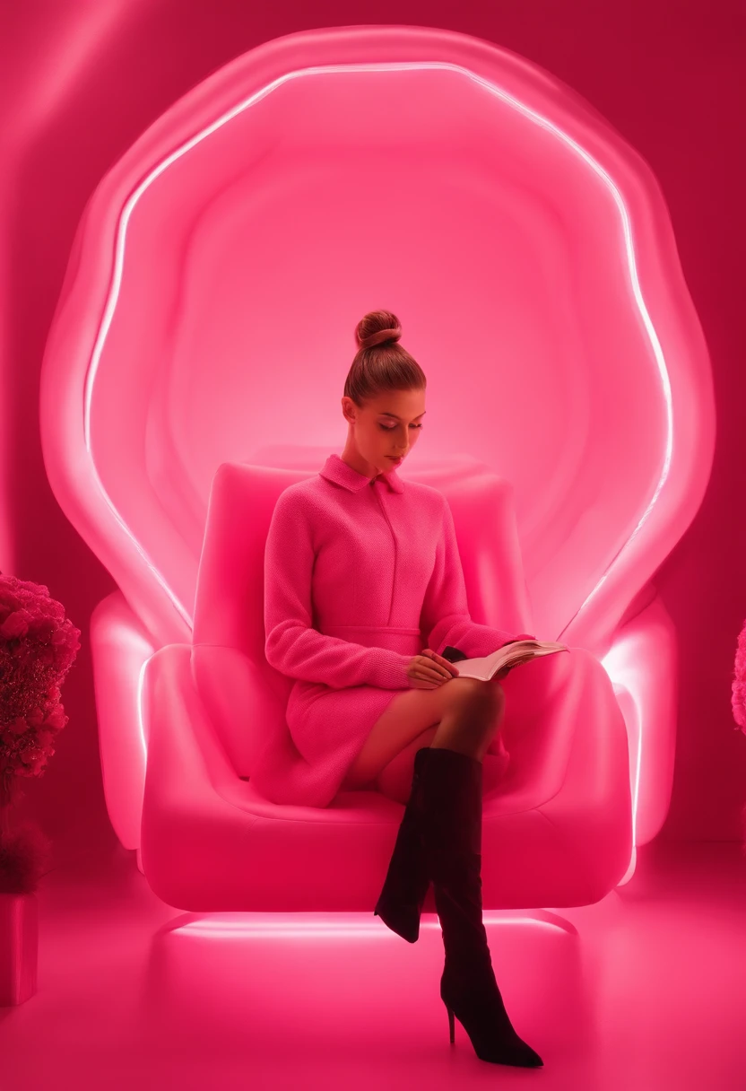 There is a woman sitting on a chair holding a book, Pink light, inspired by Ray Caesar, pinkish lighting, Pink lighting, Aura Pink, Women look like Gigi Hadid and Bella Hadid, She sits in a pink fluffy chair, C Pink Matrix Light,, inspired by Chris LaBrooy, retrofuturistic female android, Dramatic pink lighting, android heroine, Pink light, biophilia mood. Woman wears pink midi dress and black boots at heels, Her hair is in a sleek bun