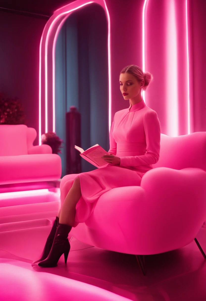 There is a woman sitting on a chair holding a book, Pink light, inspired by Ray Caesar, pinkish lighting, Pink lighting, Aura Pink, Women look like Gigi Hadid and Bella Hadid, She sits in a pink fluffy chair, C Pink Matrix Light,, inspired by Chris LaBrooy, retrofuturistic female android, Dramatic pink lighting, android heroine, Pink light, biophilia mood. Woman wears pink midi dress and black boots at heels, Her hair is in a sleek bun