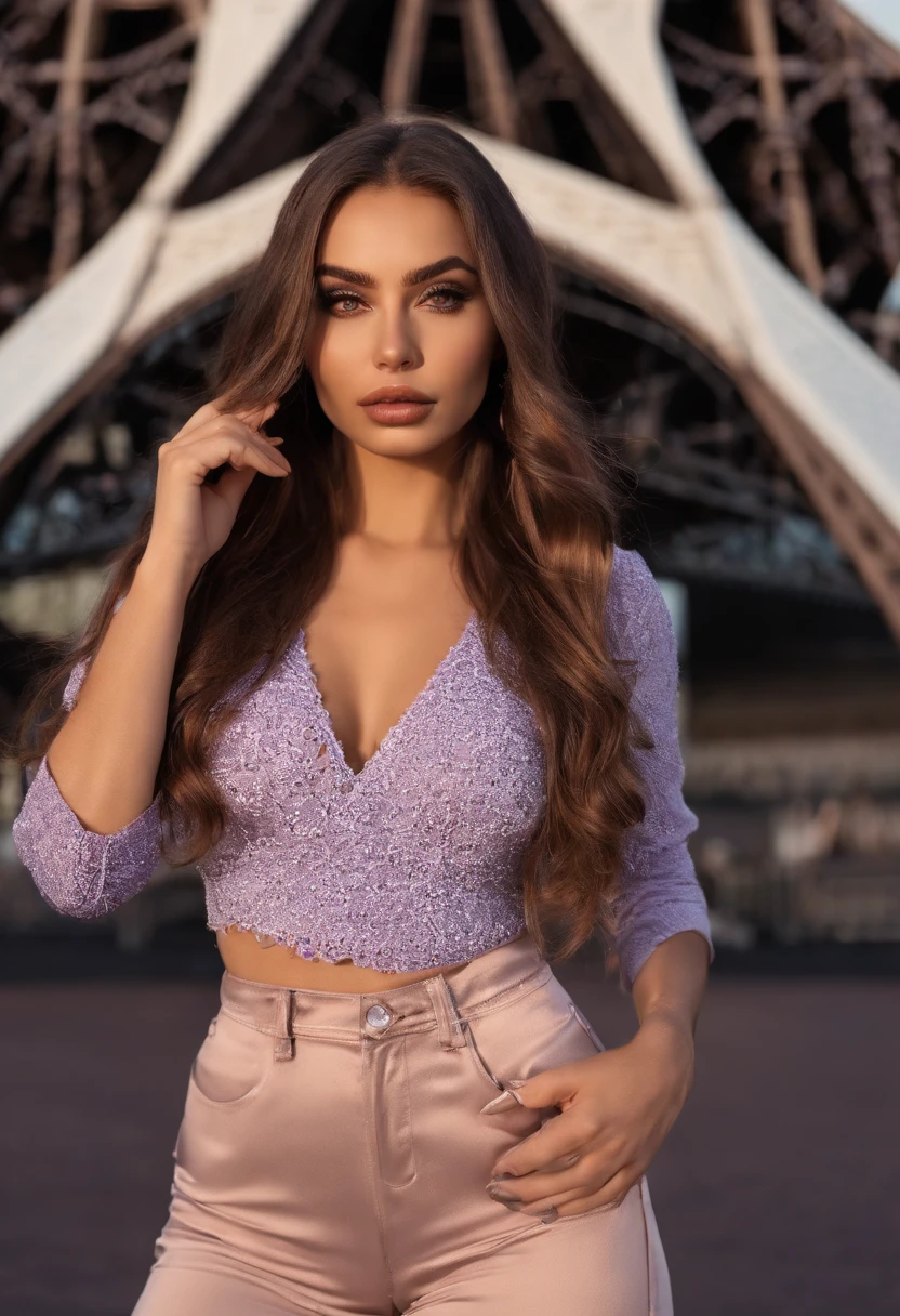 arafat woman in matching streetwear, sexy girl with brown eyes, portrait Sophie Mudd, brown hair and big eyes, young woman selfie, bedroom eyes, purple myers, no makeup, natural makeup, looking directly into the camera, face with artgram, subtle makeup, stunning full body shot , front of the Eiffel-tower , cleavage