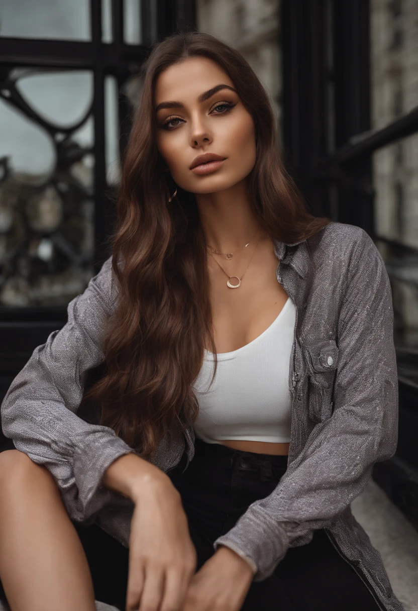 arafat woman in matching streetwear, sexy girl with brown eyes, portrait Sophie Mudd, brown hair and big eyes, young woman selfie, bedroom eyes, purple myers, no makeup, natural makeup, looking directly into the camera, face with artgram, subtle makeup, stunning full body shot , front of the Eiffel-tower , cleavage