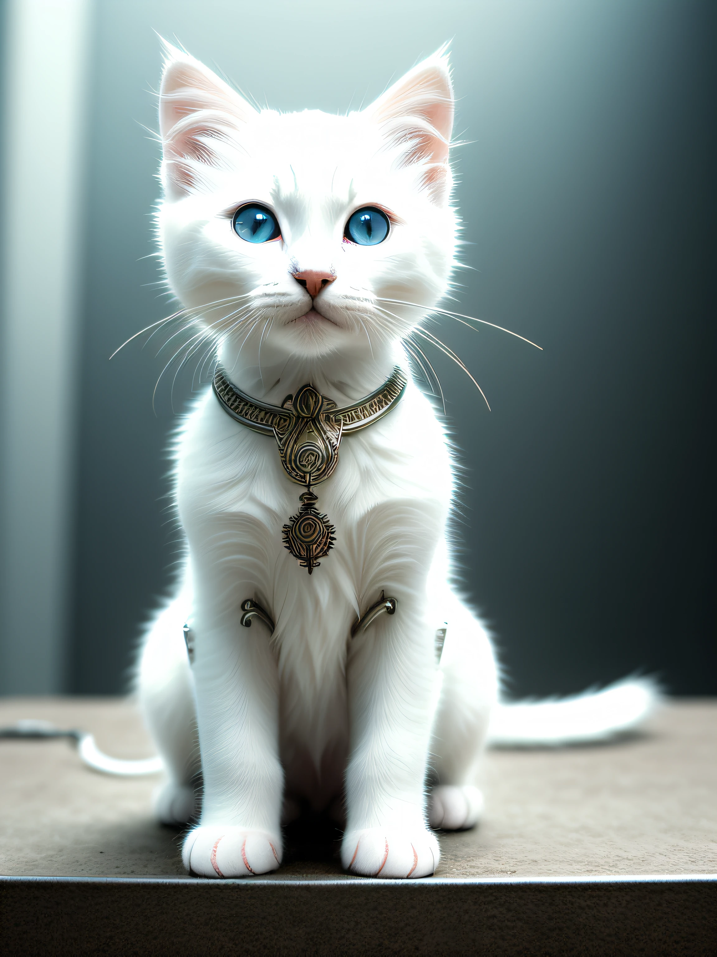 a cute white kitten made out of metal, (cyborg:1.1), ([tail | detailed wire]:1.3), (intricate details), hdr, (intricate details, hyperdetailed:1.2), cinematic shot, vignette, centered