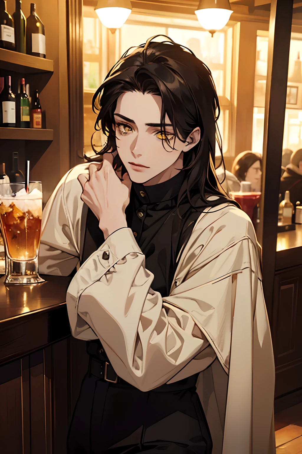 A clear and sharp focus, in a realistic portrait style with warm colors and soft lighting. (best quality, masterpiece: 1.2), 1 man, teenager, sexy, with black hair, yellow eyes, red lips with pale skin tone and dark circles having a drink in a bar, with serious expression, dressed in autumn clothes, Detailed face and sharp focus, portrait style, realistic, photorealistic: 1.37, warm colors, soft lighting.