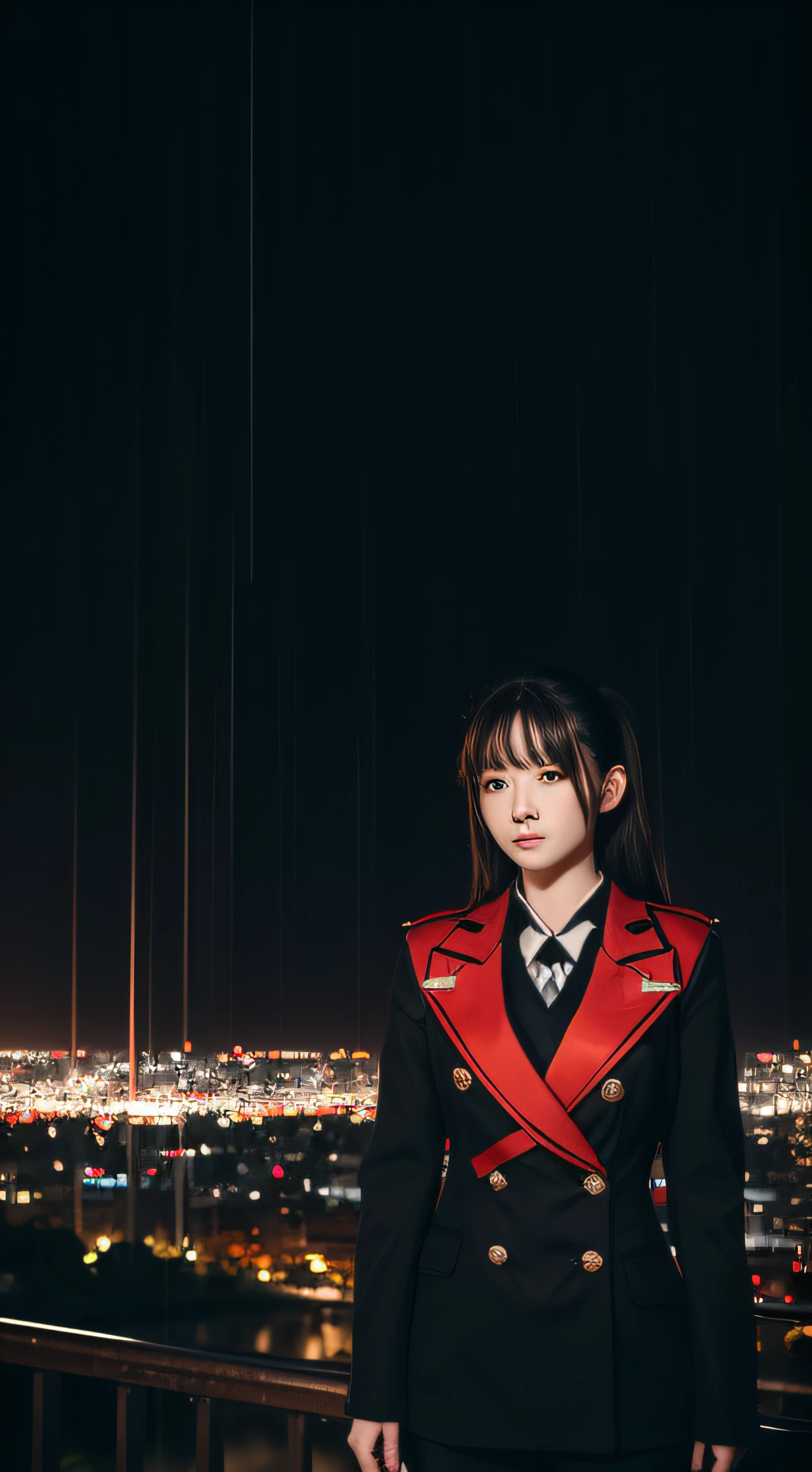 1 japanese girl, War Frame, complex pattern, heavy metal, energy line, Glowing eyes, Elegant, Formidable, Blood red and black uniform, Solo, Modern, city, A city scape, dark clouds, thunderstorm, Heavy rain,, Dramatic Lighting,, (masutepiece:1.2), Best Quality, High resolution, Beautiful detailed girl, Extremely detailed, Perfect Lighting,