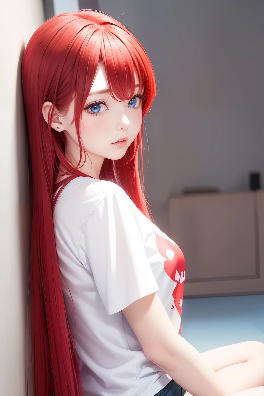from the front side、Red hair、Long hair、Side tail、bustshot、Hair tied at the side、Princess、White T-shirt、Straight face、Looking from the front、• Blue heart print at shirt.、Blue heart drawn on chest position on clothes