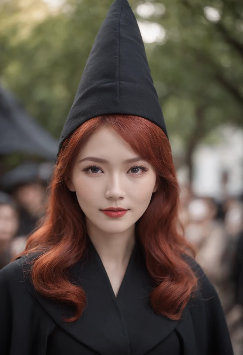 redhead woman、japanes、Halloween Cosplay、Shibuya Street Snap、black cloak、Pointy hat、Mole under the eyes、A slight smil
