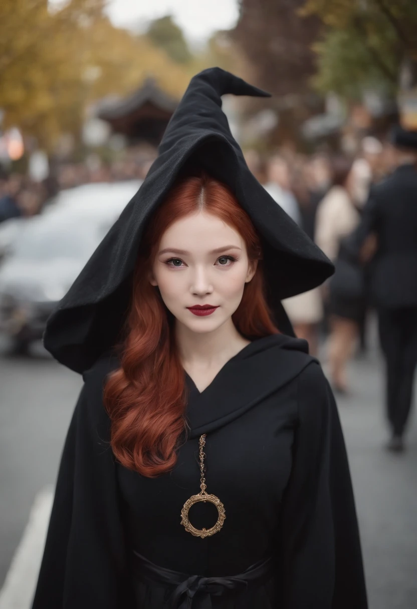 redhead woman、japanes、Halloween Cosplay、Shibuya Street Snap、black cloak、Pointy hat、Mole under the eyes、A slight smil