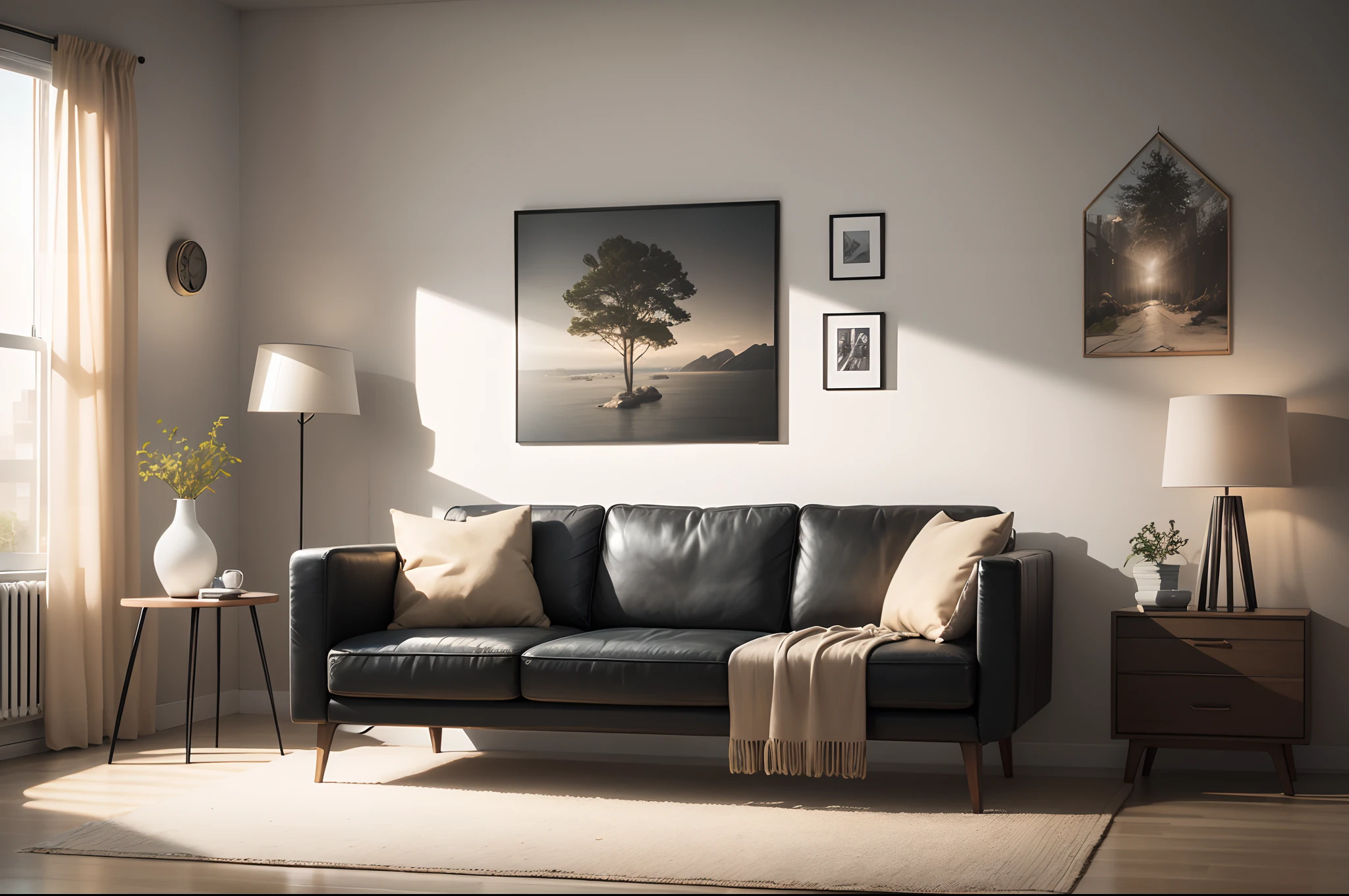 Interior moderno de estilo escandinavo com maquete de arte na parede. Home staging e minimalismo maquete de design de interiores