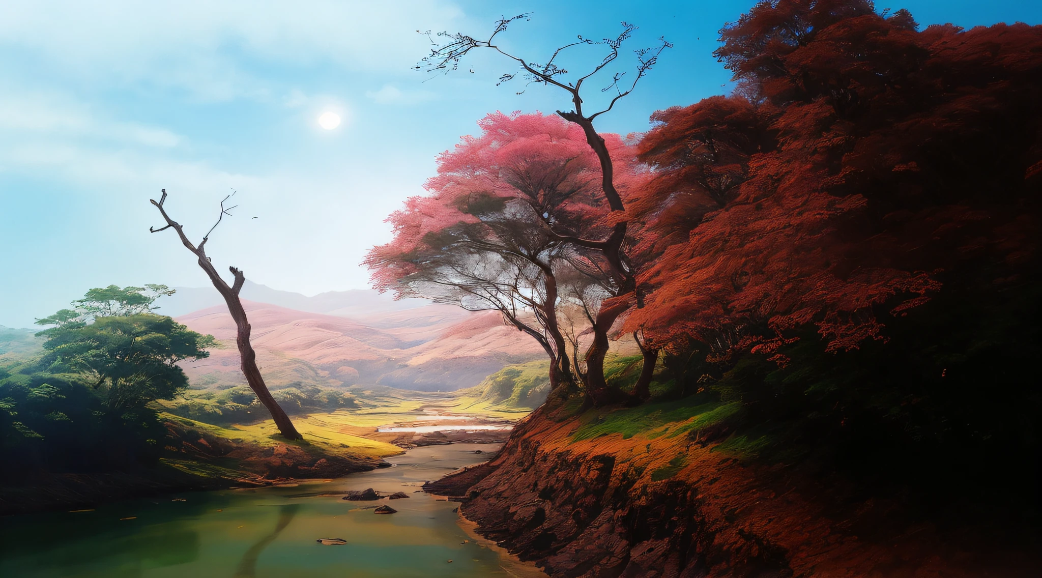 There is a painting of a river with trees in the background, paisagem de sonho, bela paisagem de sonho, made of tree and fantasy valley, peaceful landscape, ethereal landscape, magical landscape, Perdidos em uma paisagem de fadas sonhadoras, magical colours and atmosphere, em uma paisagem serena, em uma paisagem de sonho surreal, natureza anime, fantasy scenic, epic dreamlike fantasy landscape, Cores sonhadoras