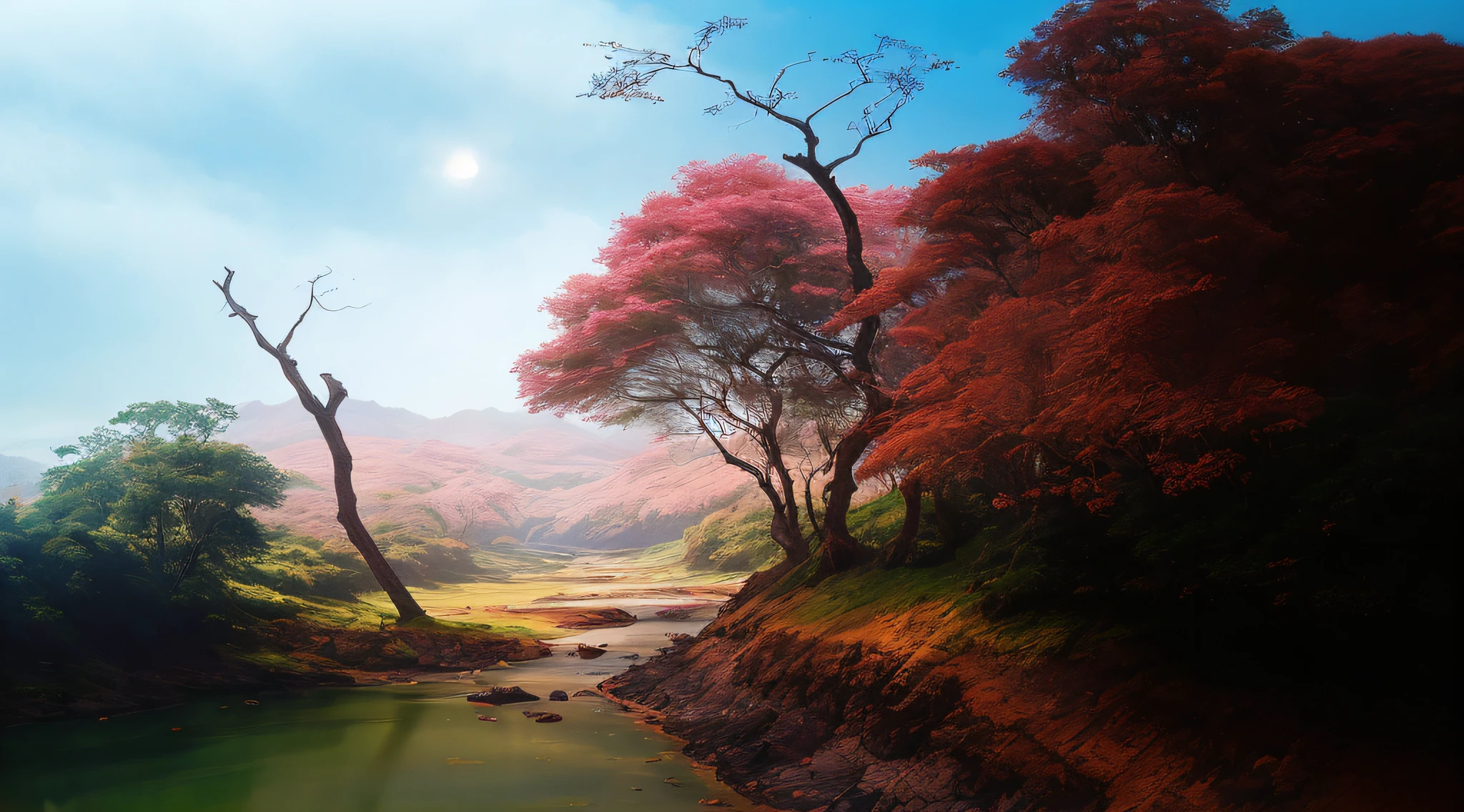 There is a painting of a river with trees in the background, paisagem de sonho, bela paisagem de sonho, made of tree and fantasy valley, peaceful landscape, ethereal landscape, magical landscape, Perdidos em uma paisagem de fadas sonhadoras, magical colours and atmosphere, em uma paisagem serena, em uma paisagem de sonho surreal, natureza anime, fantasy scenic, epic dreamlike fantasy landscape, Cores sonhadoras