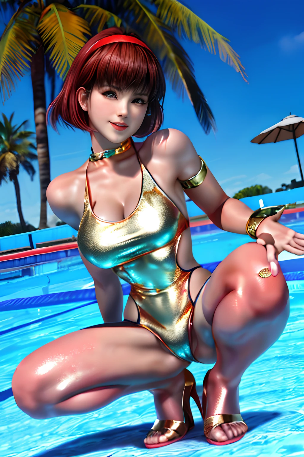 NSFW、Top image quality、top-quality、8K picture quality、1girll、full body Esbian、hitomi、A smile、embarrassed from、red blush、Beautiful fece、Bob hair、(Red headband:1.2)、(Gold Metallic:1.4)、(Sleeveless)、(High neck competitive swimsuit)、(highleg)、(Cameltoe)、(pin heels)、Squatting on the ground、(Open your crotch wide from side to side)、Arms behind your head、(Show off your armpits)、gazing at viewer、((Face the viewer))、((Show viewers your crotch)) 、((Frontal shot))、in poolside、profetional lighting、professional photograpy
