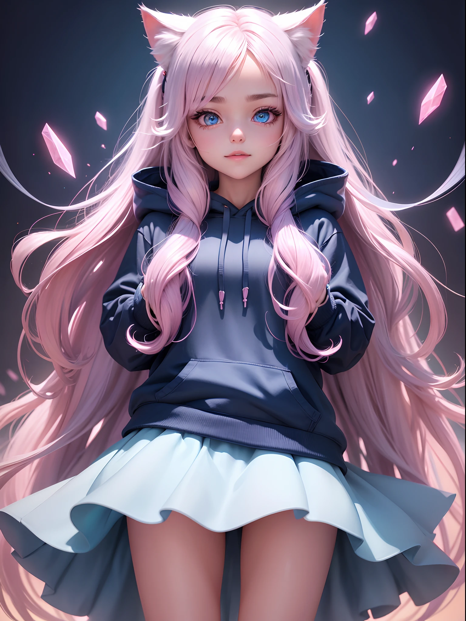 1 girl, wearing a hoddies, white long hair, cat ears, mini skirt, blue to pink gradient, ultrahd, 8k, 12k, high res, perfect cute face with details, , best quality, sharp images, gradient blue and pink eyes, perfect eyes, clean crystals in eyes, cloudy sky background, cute smile, looking at viewer, only 5 fingers in each hand, useless background removed, remove extra fingers