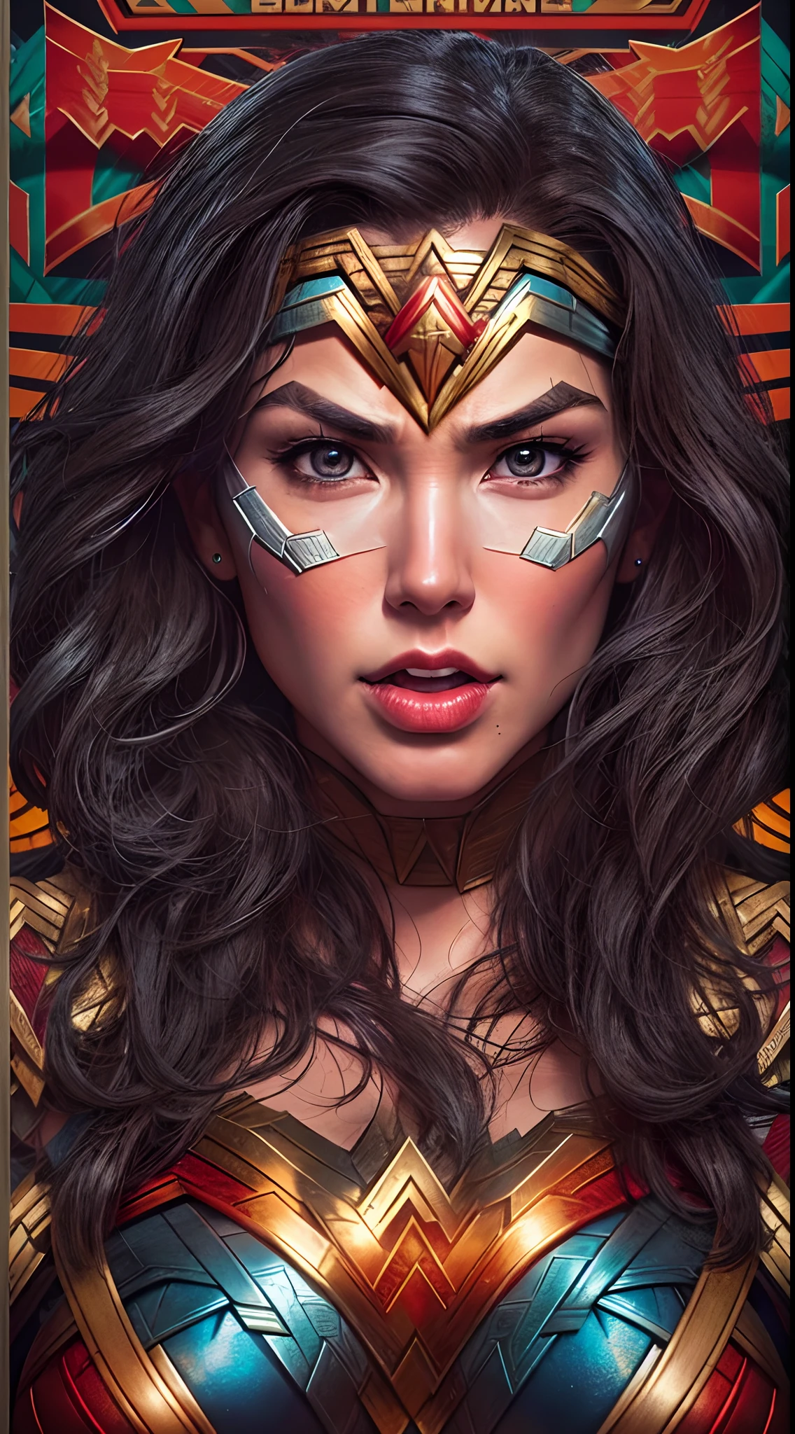 Wonder Woman, TM Samurai, intricate face details, poster style, icons, vibrant colors, vector style, digital art, 4K, intricate details, mesmerizing, professionally made, beautiful vector illustration, 12K resolution, 3D, all characters in detailed full body, highly detailed, vibrant, ultra high quality, Hyperrealism, Photorealism, octane render]
