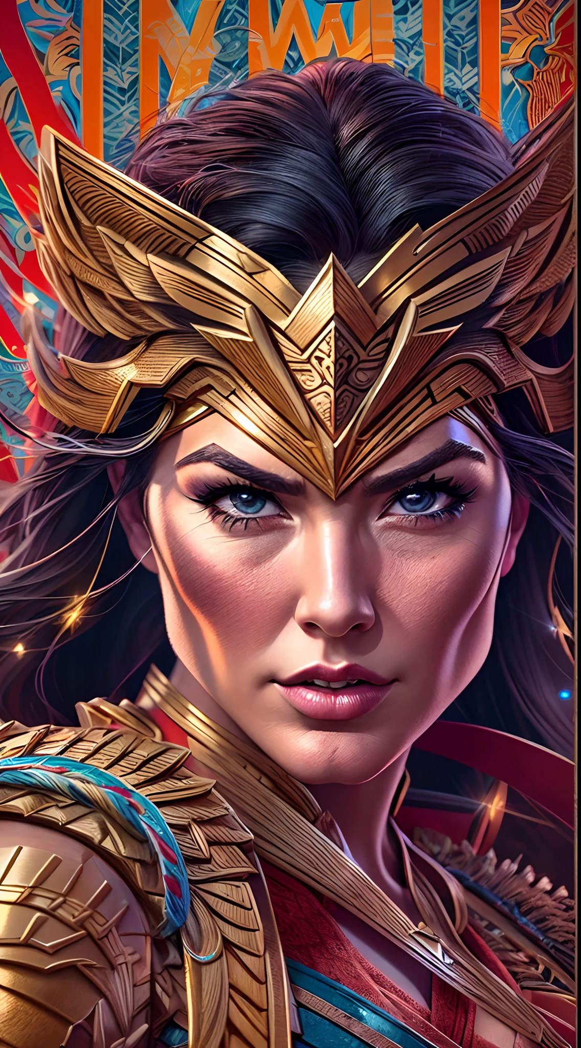 Wonder Woman, TM Samurai, intricate face details, poster style, icons, vibrant colors, vector style, digital art, 4K, intricate details, mesmerizing, professionally made, beautiful vector illustration, 12K resolution, 3D, all characters in detailed full body, highly detailed, vibrant, ultra high quality, Hyperrealism, Photorealism, octane render]