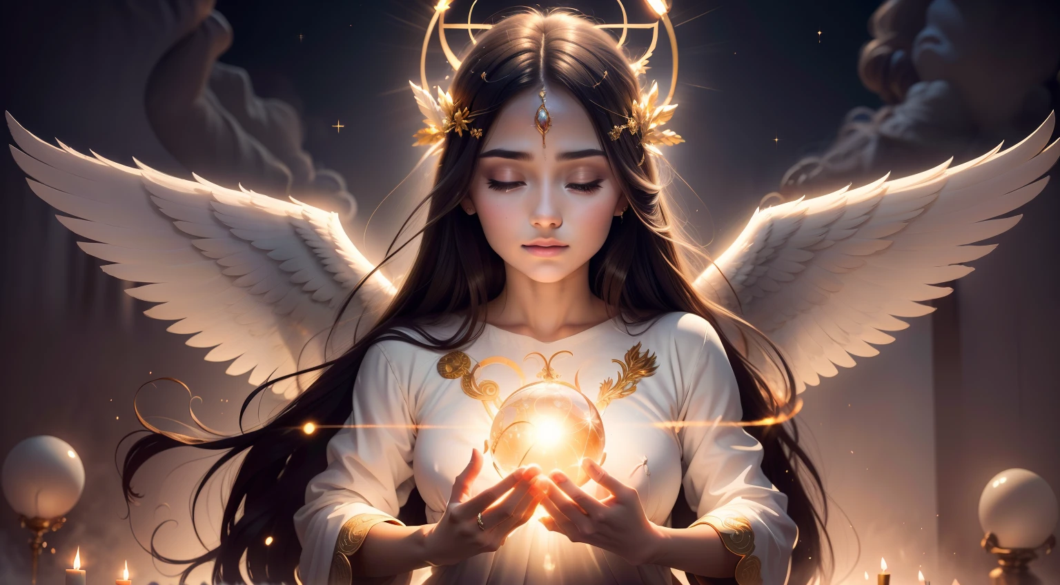 a woman with long hair holding a glowing ball in her hands, angelic light, glowing angelic being, ethereal angelic being of light, angelic halo, an angel of the dawn light, of an beautiful angel girl, of beautiful angel, portrait of a beautiful angel, neoartcore and charlie bowater, goddess of light, angelic, angelic purity, angelical, beautiful angel, angelic presence, hope-filled expressions, prayer, belief, profound impact, divine grace, inspiring, radiant blessings, sacred moment, spiritual awakening, harmonious community, divine intervention, life-changing experience, comforting presence, spiritual guidance, divine love, celestial atmosphere.