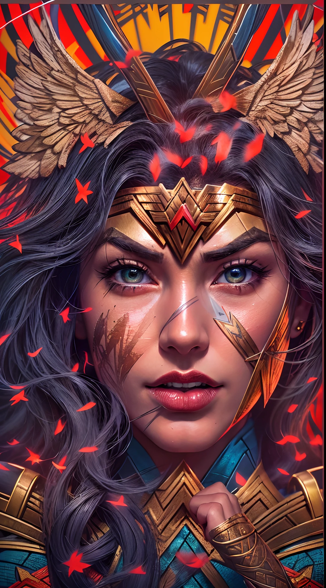 Wonder Woman, TM Samurai, intricate face details, poster style, icons, vibrant colors, vector style, digital art, 4K, intricate details, mesmerizing, professionally made, beautiful vector illustration, 12K resolution, 3D, all characters in detailed full body, highly detailed, vibrant, ultra high quality, Hyperrealism, Photorealism, octane render]