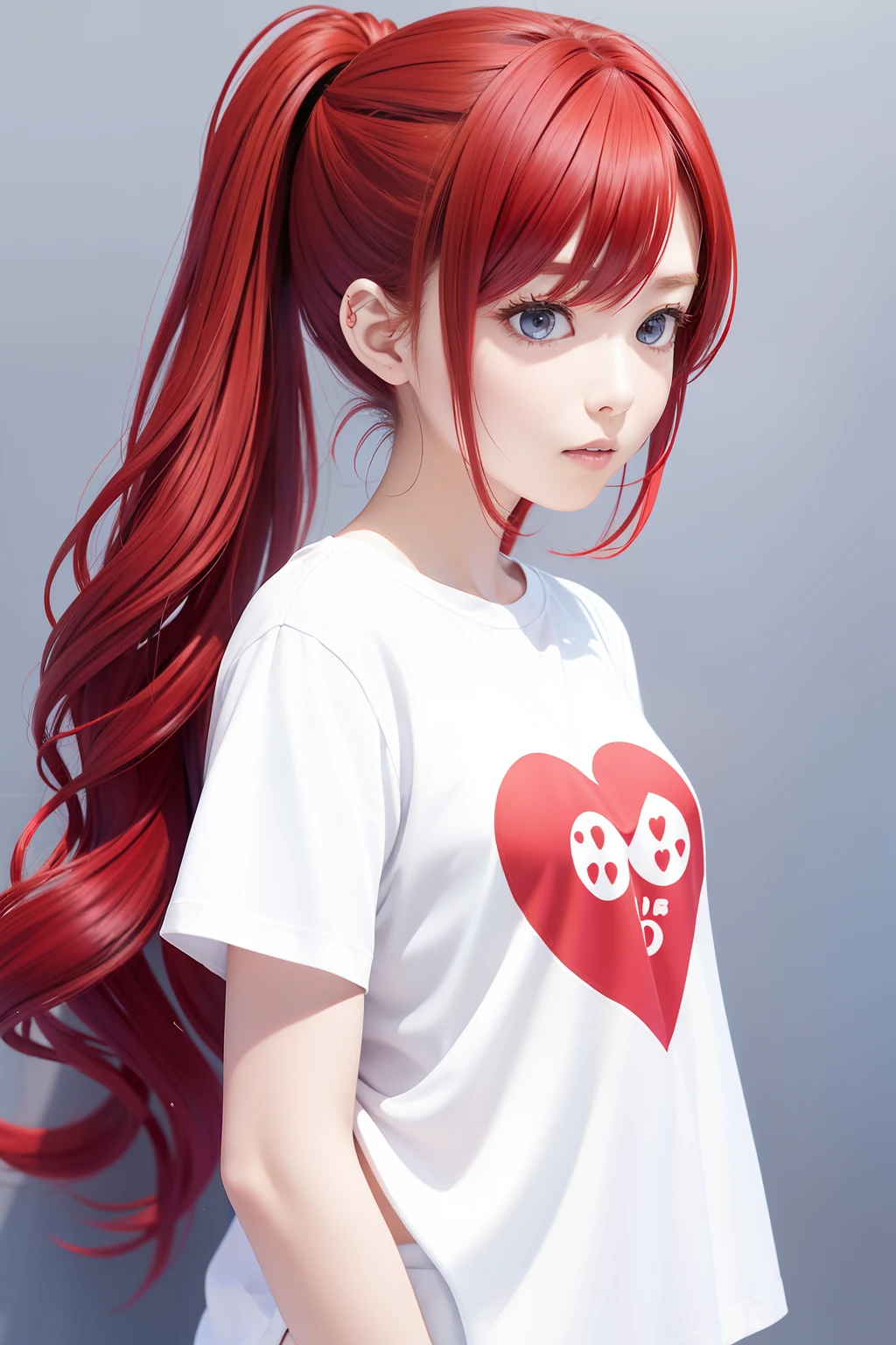 from the front side、Red hair、Long hair、Side tail、bustshot、Hair tied at the side、Princess、White T-shirt、Straight face、Looking from the front、• Blue heart print at shirt.、Blue heart drawn on chest position on clothes