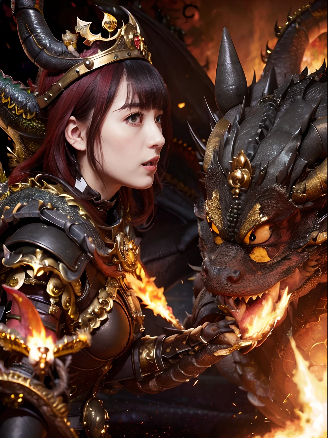 (The Ultimate Beauty Face), Professional , masterpiece、top-quality、photos realistic , depth of fields (Gemstone Black Metal Body:1.4),(Matte Black、(cleavage of the breast)、Dragon Gold Weapon,Mystical expression、Particles of light、((((Fight dragons)))、(Dragon Metal Body:1.4),Gorgeous Silver Weapons ,(( Dragon's dense and gorgeous sword)) , Beautiful knife ,warhammer 40k , adepta sororitas,Detail and gorgeous crown、((Red hair))、(Castle background)、、((Gangle's forest background))、Beautiful Caucasian beauty、1a person、dynamic ungle,(((Detailed and ornate Black Devil Crown)))、Smaller head、A smile、Castle background、Thin and beautiful female hands、cleavage of the breast、Soldier in iron armor on background、Mystical expression、Light Effects、intense fighting、Wind-effect、magic circles、With the legendary magic wand、(demonic wings)、