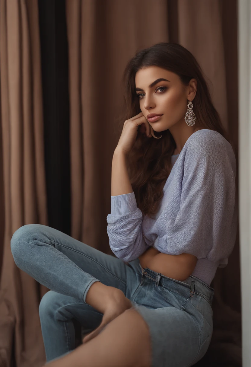 arafat woman in matching streetwear, sexy girl with brown eyes, portrait Sophie Mudd, brown hair and big eyes, young woman selfie, bedroom eyes, purple myers, no makeup, natural makeup, looking directly into the camera, face with artgram, subtle makeup, stunning full body shot , in a restaruant , cleavage