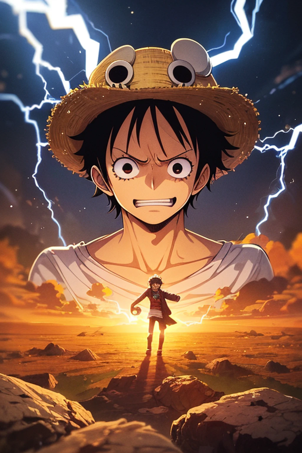 One piece anime,1boy, wanostyle, monkey d luffy,Joyboy from Onepiece, Surrounded by blue lightning,perfect surreal composition