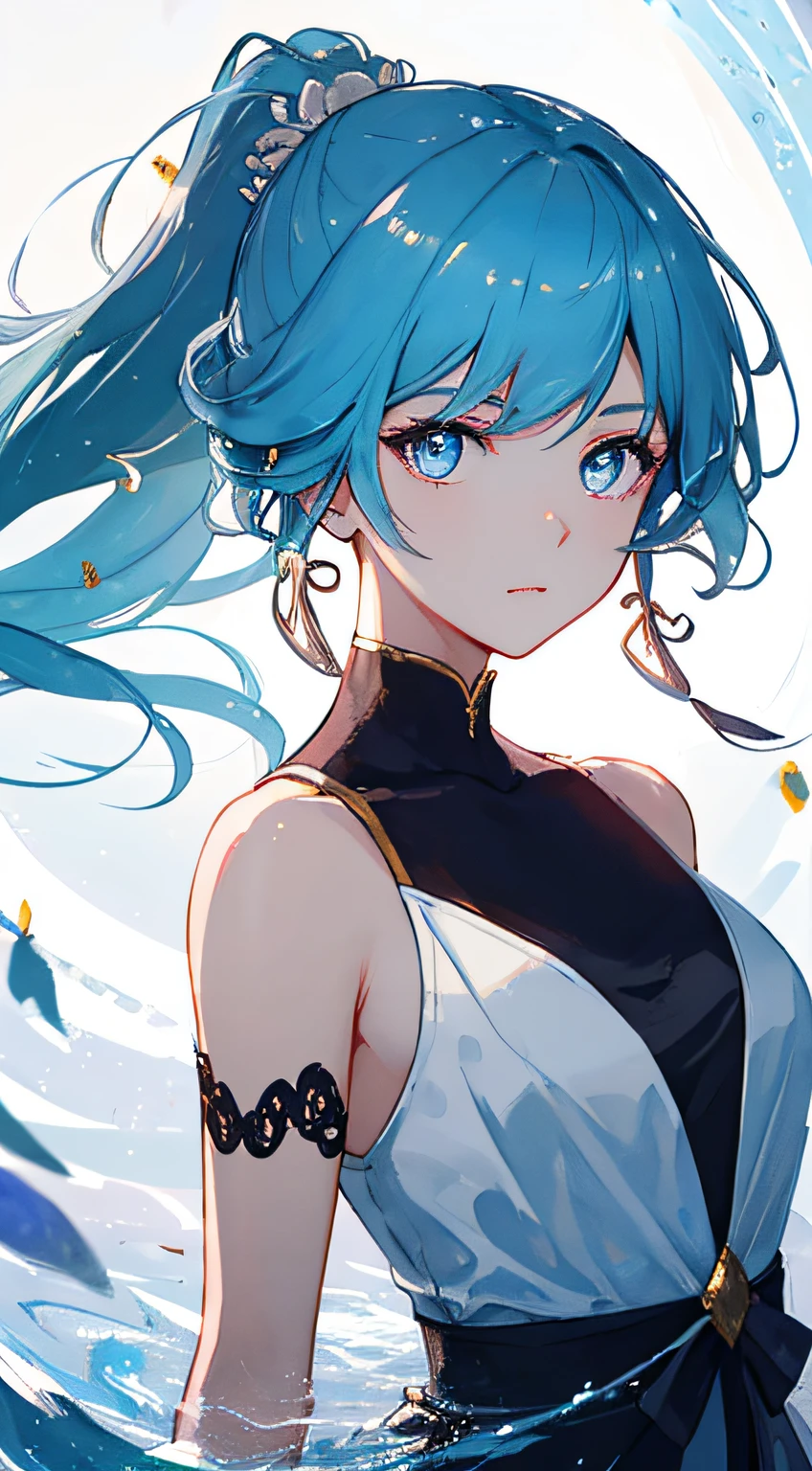 (masterpiece), (best quality), (ultra detailed),(disheveled hair),(illustration), (1girl), (Fashionable clothing), standing, Fashion model, looking at viewer, (interview), (simple background),beautiful detailed eyes, delicate beautiful face, Floating,(high saturation),(colorful splashes),colorful bubble,(shining), focus on face, ponytail, kamisato ayaka, light blue hair, bangs, hair ring, floating flowers, floating hairs, (shining), best lighting, best shadow,