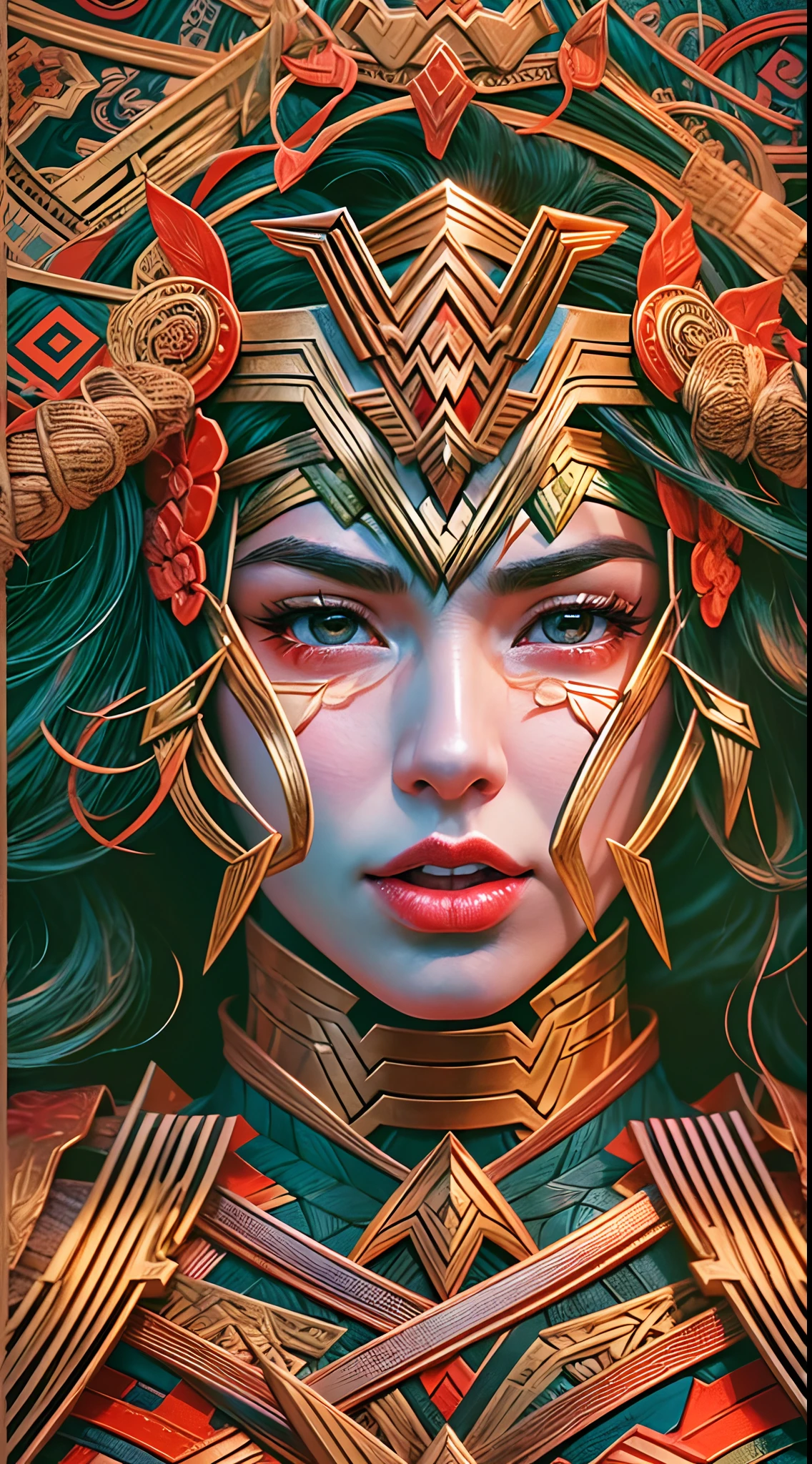 Wonder Woman, TM Samurai, intricate face details, poster style, icons, vibrant colors, vector style, digital art, 4K, intricate details, mesmerizing, professionally made, beautiful vector illustration, 12K resolution, 3D, all characters in detailed full body, highly detailed, vibrant, ultra high quality, Hyperrealism, Photorealism, octane render]