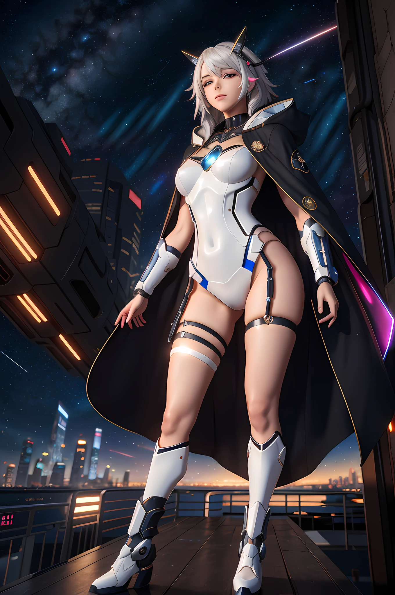 masterpiece, best quality, 4k, mecha, starry,sky, star \(sky\), cape, hair ribbon, slim legs, hood, long hair, white hair, cyberpunk, depth of field,