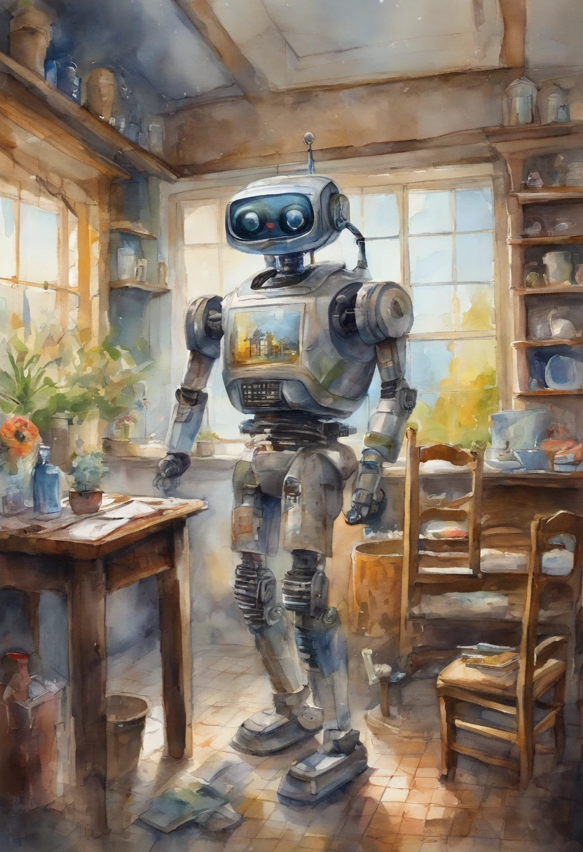 The Future at Basis Income、Robot doing housework、People are wearing VR、The game world is visible as a hologram