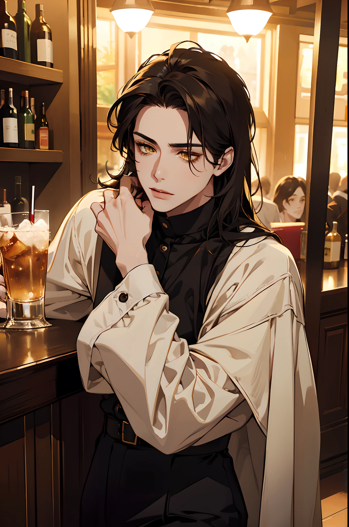 A clear and sharp focus, in a realistic portrait style with warm colors and soft lighting. (best quality, masterpiece: 1.2), 1 man, teenager, sexy, with black hair, yellow eyes, red lips with pale skin tone and dark circles having a drink in a bar, with serious expression, dressed in autumn clothes, Detailed face and sharp focus, portrait style, realistic, photorealistic: 1.37, warm colors, soft lighting.
