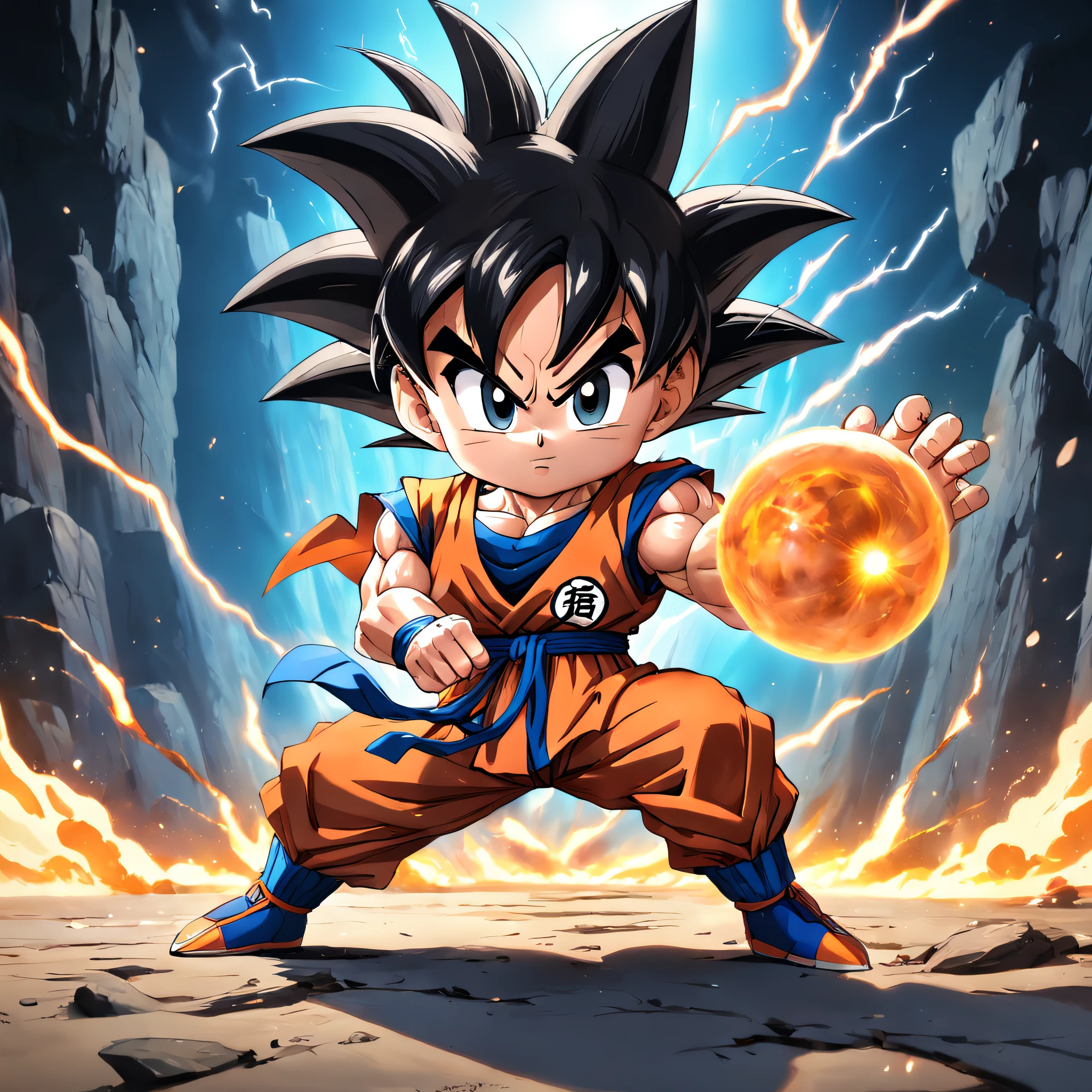 Goku Chibi character in battle pose, on battlefield,With Vedita, E or picolo